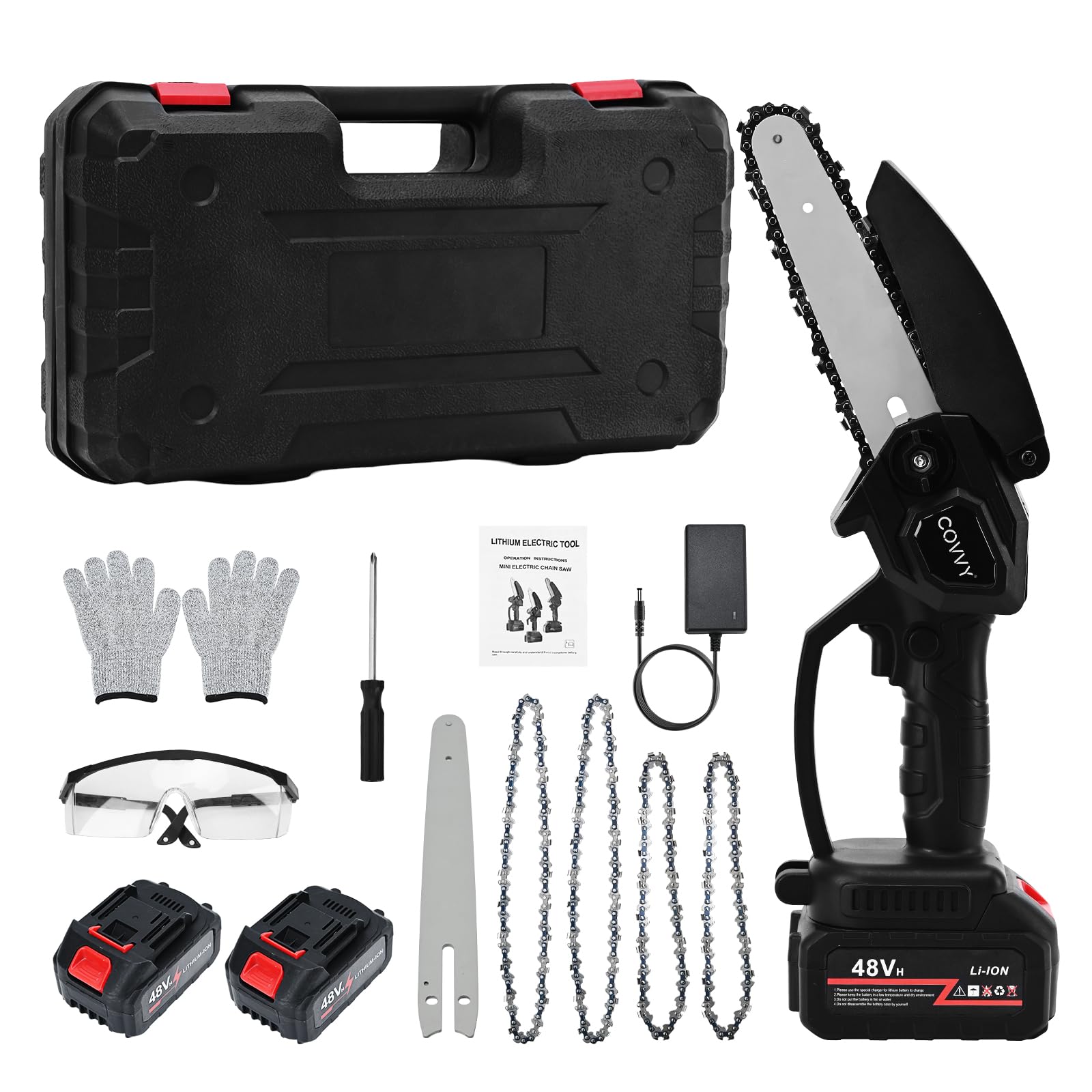 Mini motosierra eléctrica de 6 y 8 pulgadas, de mano, con 2 baterías, 4 cadenas, 1 gafa de protección, 1 destornillador, un par de guantes anticorte, herramientas eléctricas de motosierra