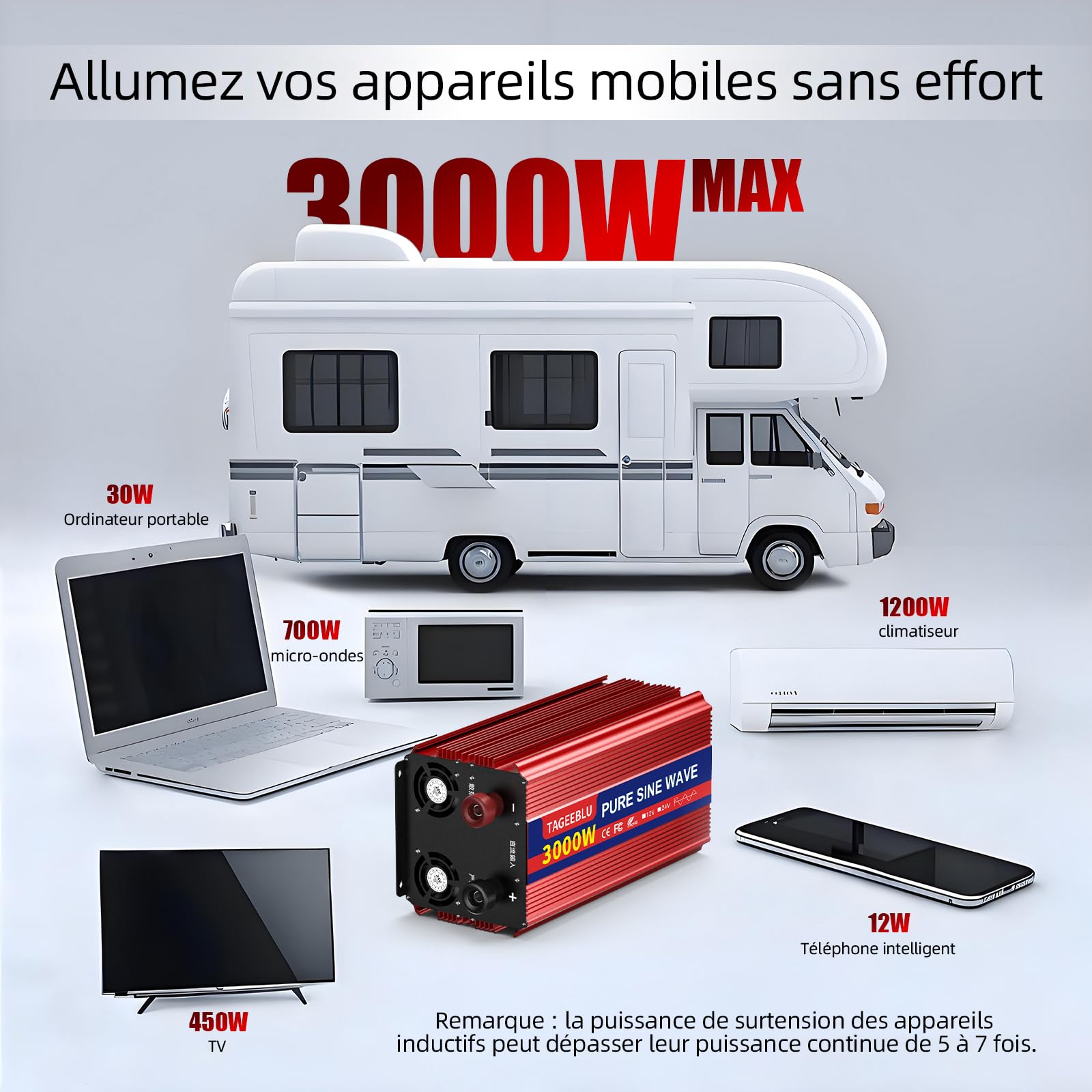 3000W Pur Sinus convertisseur 24v 220v Camion, transformateur 24v 220v avec écran LCD, 2 Prises UE