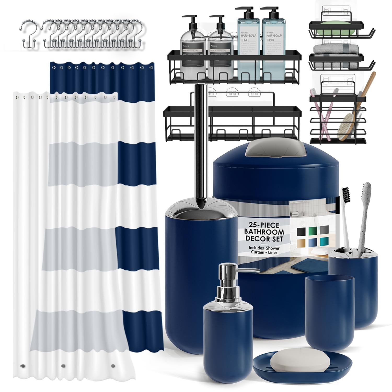 Clara Clark Bathroom Set - Bathroom Set with Adhesive Corner Shower Caddy Hanging, 25PC Bathroom Accessory Set, Navy Shower Curtain Set, Toilet Brush, Trash Can & Soap Dispenser