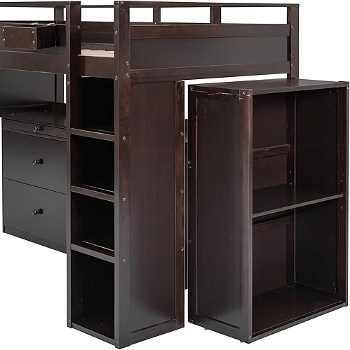 Miniatura 87 de Quarte Cama alta multifuncional, cama alta tamaño matrimonial con escritorio integrado y estantes de almacenamiento, dos cajones y escalera de