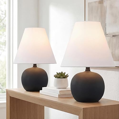 JONATHAN Y JYL5602A-SET2 18.25" Modern Gourd Table Lamp Set of 2 for Living Room Bedroom, Minimalist Resin Bedside Nightstand Lamps, Farmhouse End Table Lamp with White Linen Shade, Matte Black
