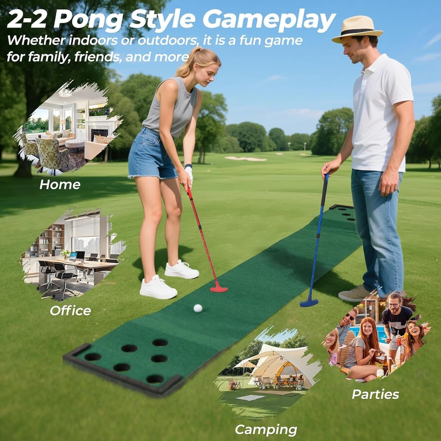 Juego de golf Pong, tapete verde portátil con 2 putters, 6 bolas y 12 fundas de agujeros, bolsa de transporte, para práctica en casa, fiesta en el patio trasero