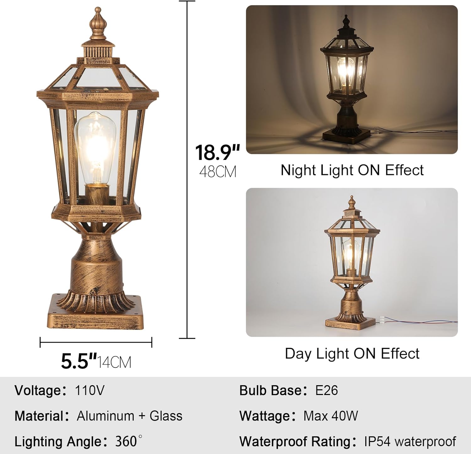 Column Lights Outdoor Post Light Fixture Brushed Bronze Aluminum with Glass IP54 Waterproof Pillar Lighting Exterior Post Lights for Porch Fence Garden Patio Driveway Flat Surface