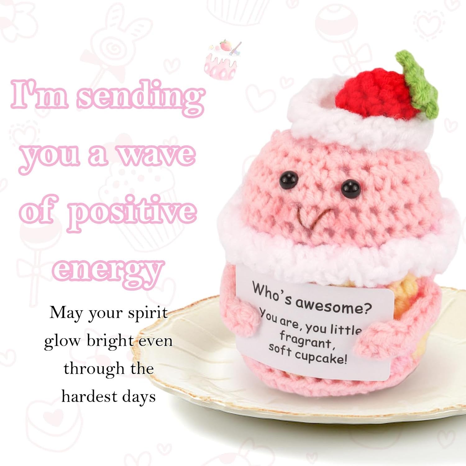 Crochet Pink Strawberry-Cake Doll with Positive Card Friendship Birthday Valentine Galentine Day Gift for Women Wife Girl Handmade Emotional Support Small Cute Stuff Ideal for Home Decor Doll Ornament