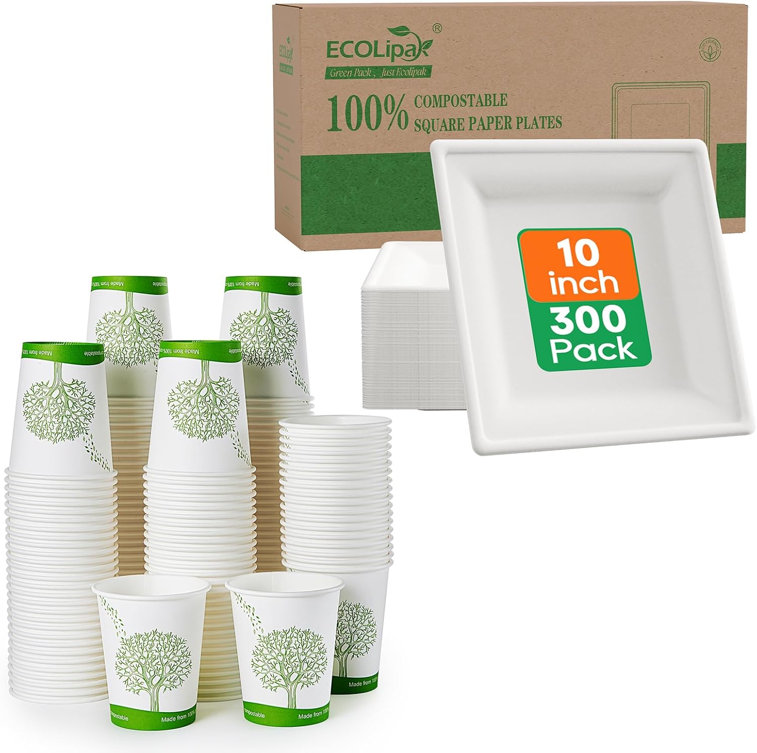 ECOLipak 8 oz 300 Pack Compostable Cups and 300 Pack 10 inch Compostable Square Plates