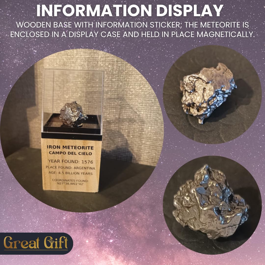 Meteorito Campo del Cielo – Meteorito de Hierro en Pantalla de Madera – Encontrado en 1576 – 4,5 mil millones de años – Regalo para coleccionistas & Aficionados al espacio