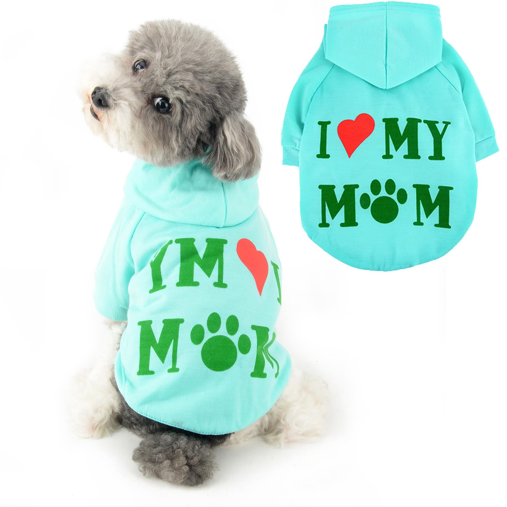 Ranphy Dog Hoodies for Small Dog Girls Boy Pet Jumper with Letter "I Love My Mom" Puppy Sweatshirt Hooded with Leash Hole Autumn Spring Pullover Mother Day Thanksgiving Day Cat Sweater, Light Green, L