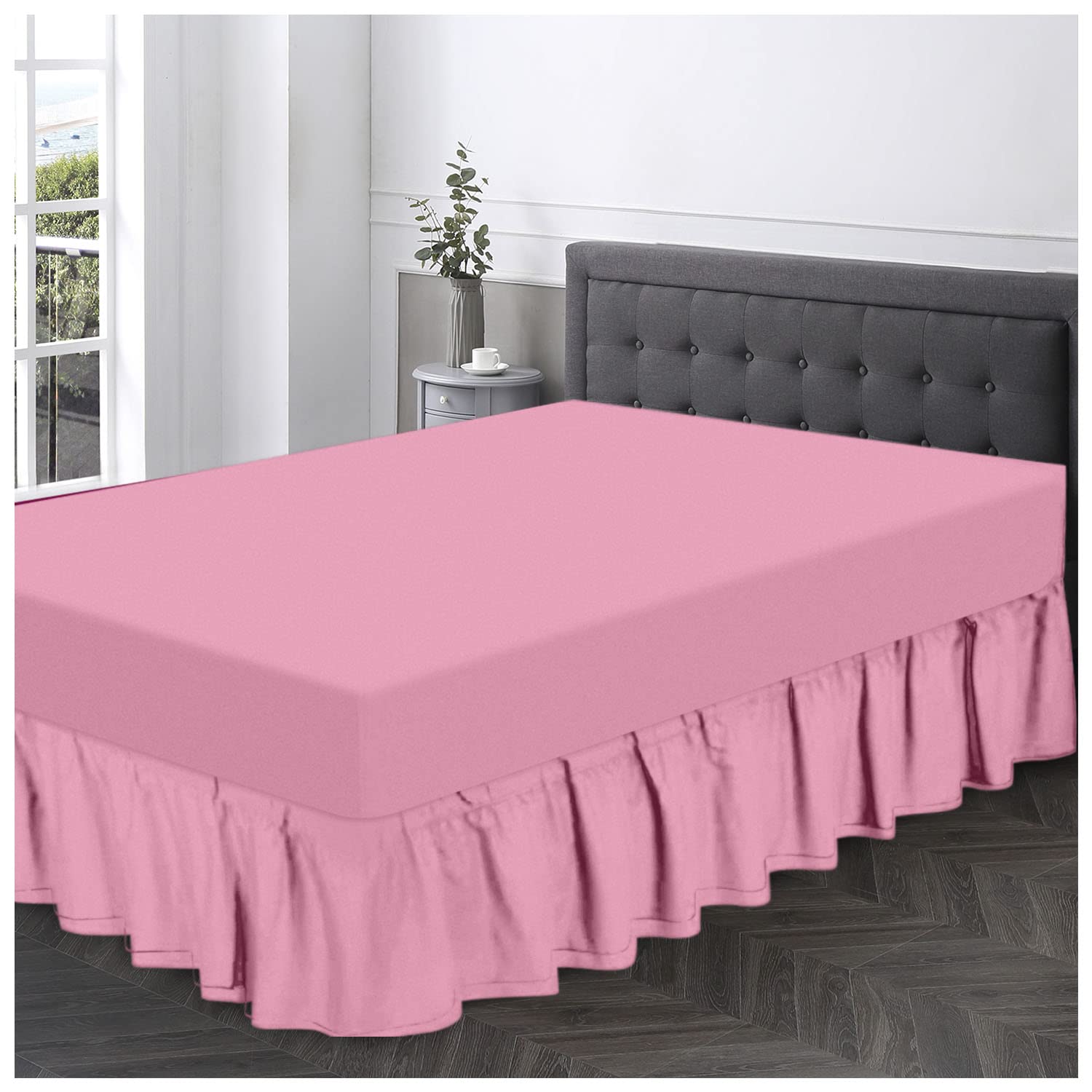 Gc Gaveno Cavailia Pink Supersoft Frilled Valance Sheet Double, Plain Dyed Bed Skirt, Luxury Bedding & Linen,
