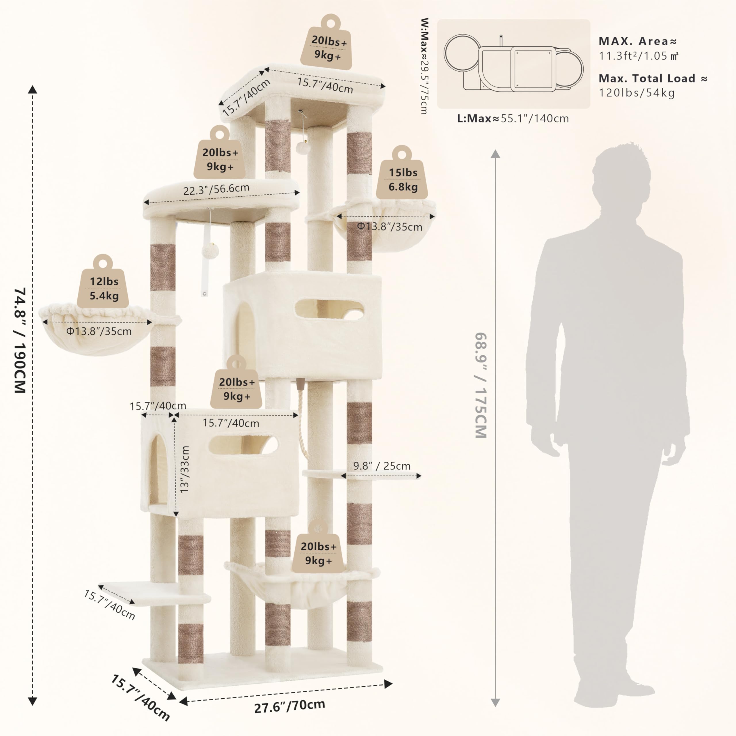 Heybly Árbol Rascador para Gatos Grandes, 190 cm Rascador para Gatos XXL, Torre Alta y Espaciosa con Amplia Plataforma Superior, Base Estable, 2 Casitas, Hamaca y Postes de Sisal, Beige HCT062MJ