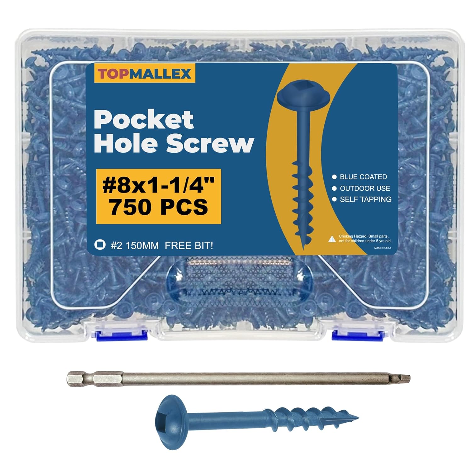 1 1/4 Pocket Hole Screws, Exterior Pocket Screws #8 X 1-1/4" 750PCS Coarse Thread, Blue Coated for Weather Resistant, Self Tapping Wood Screws with Square Drive, 150MM Drive Bit Included