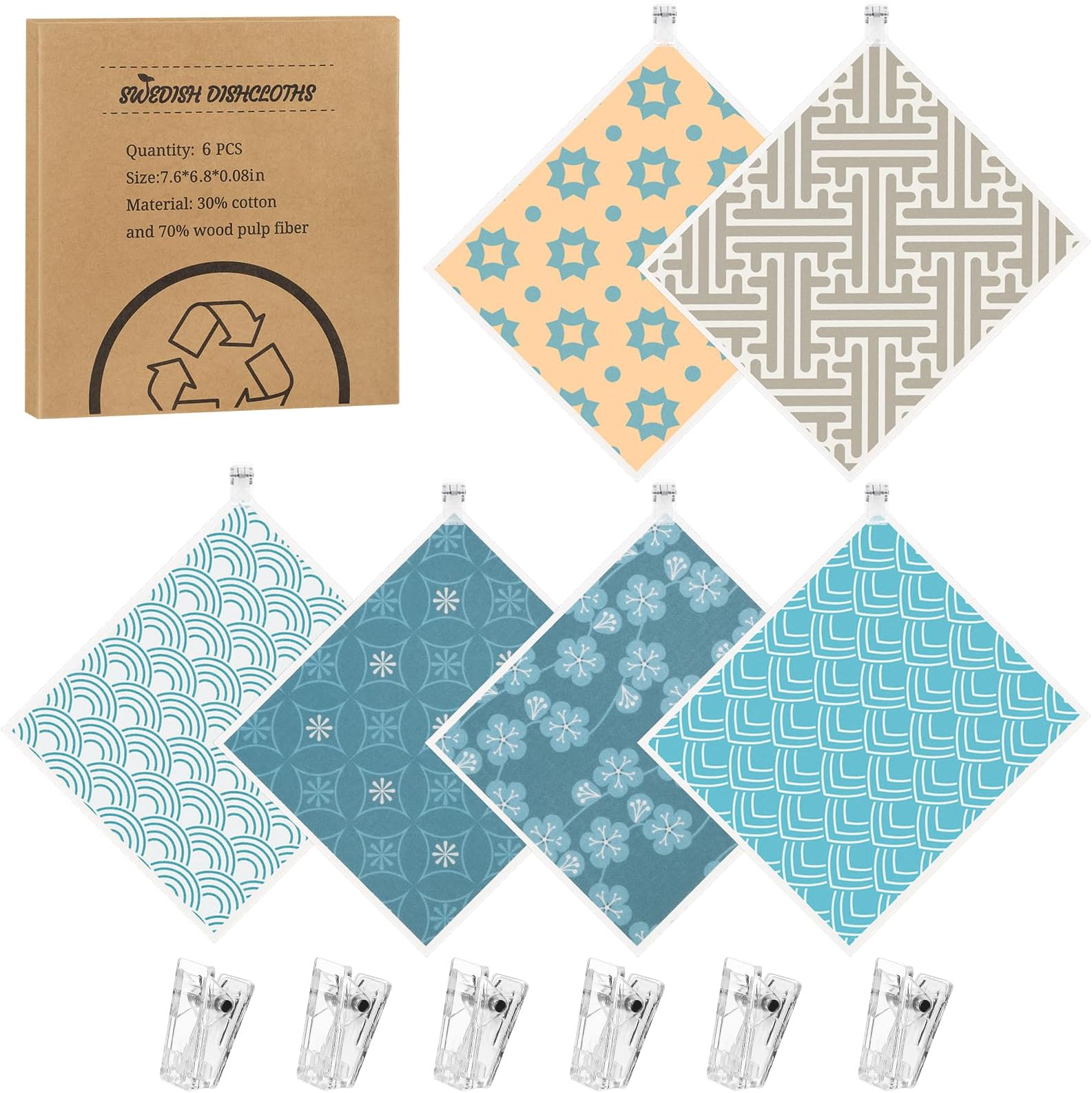 6 Pack Swedish Dishcloths for Kitchen, Reusable Paper Towels Swedish Dish Towels with Clips, Absorbent Dish Cloth No Odor for Cleaning Home Kitchen(Geometric Patterns)