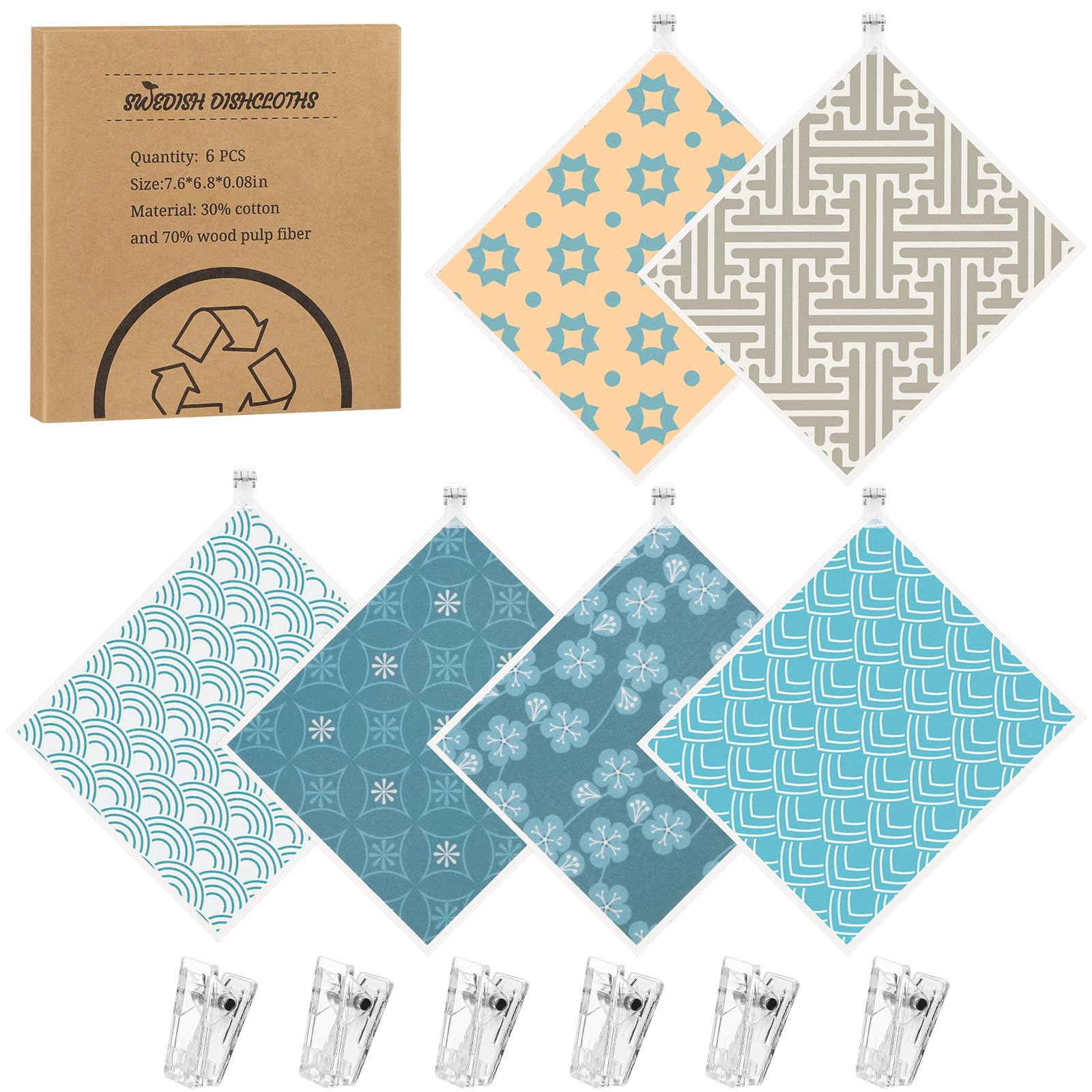 Needbrock 6 Pack Swedish Dishcloths, Geometric Pattern, Cotton Cellulose, Reusable Paper Towels, Kitchen Cleaning Cloths[Amazon-developed Certification] Compact by Design