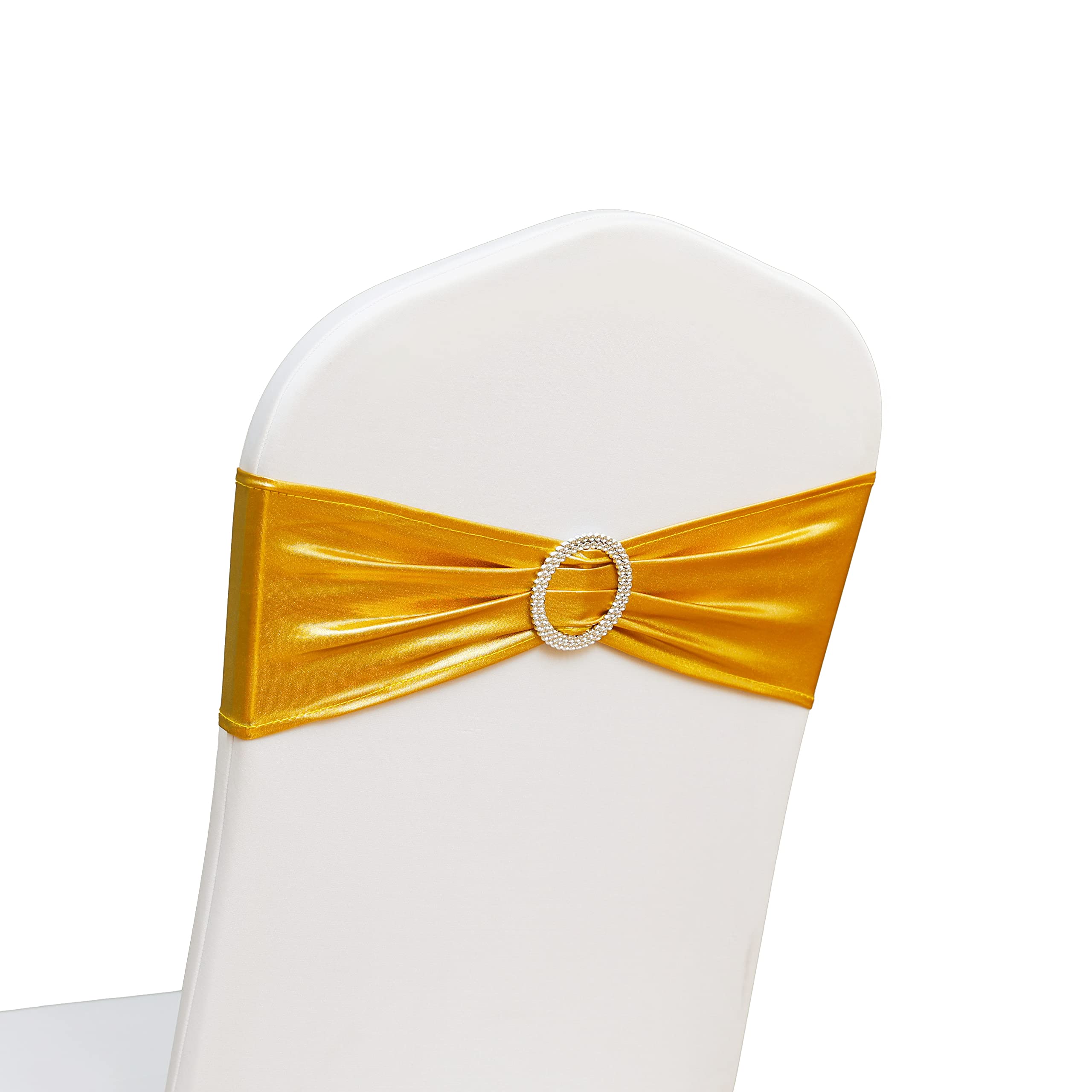 Elastic Stretch Spandex Chair Covers Sashes Bands With Buckle Bows For Wedding Home Party Suppliers Decorations (Metallic Gold, 100PCS) — image 1