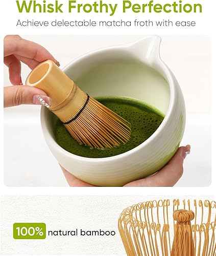 Miniatura 5 de Juego de batidor de matcha, kit de matcha degradado, cuenco de cerámica con boquilla (18 onzas), batidor de bambú, tamiz inoxidable, soporte para