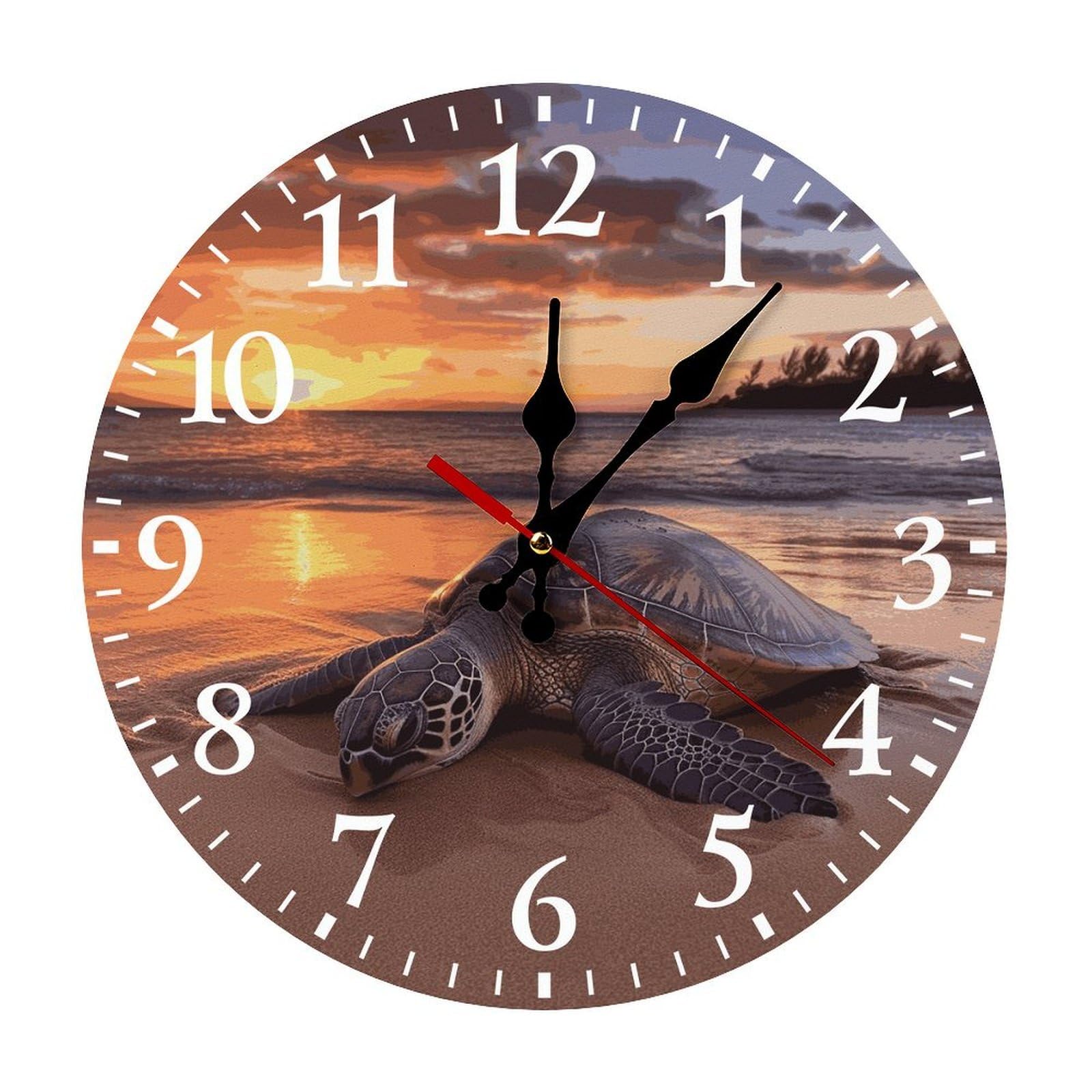 QMNLKH Sea Turtle Sunset Wall Clock for Home, Battery Operated Clock for Hotel, Round Wall Clock with Arabic Numerals White, Easy to Read, Non-Ticking Clocks for Living Room 25 * 25cm