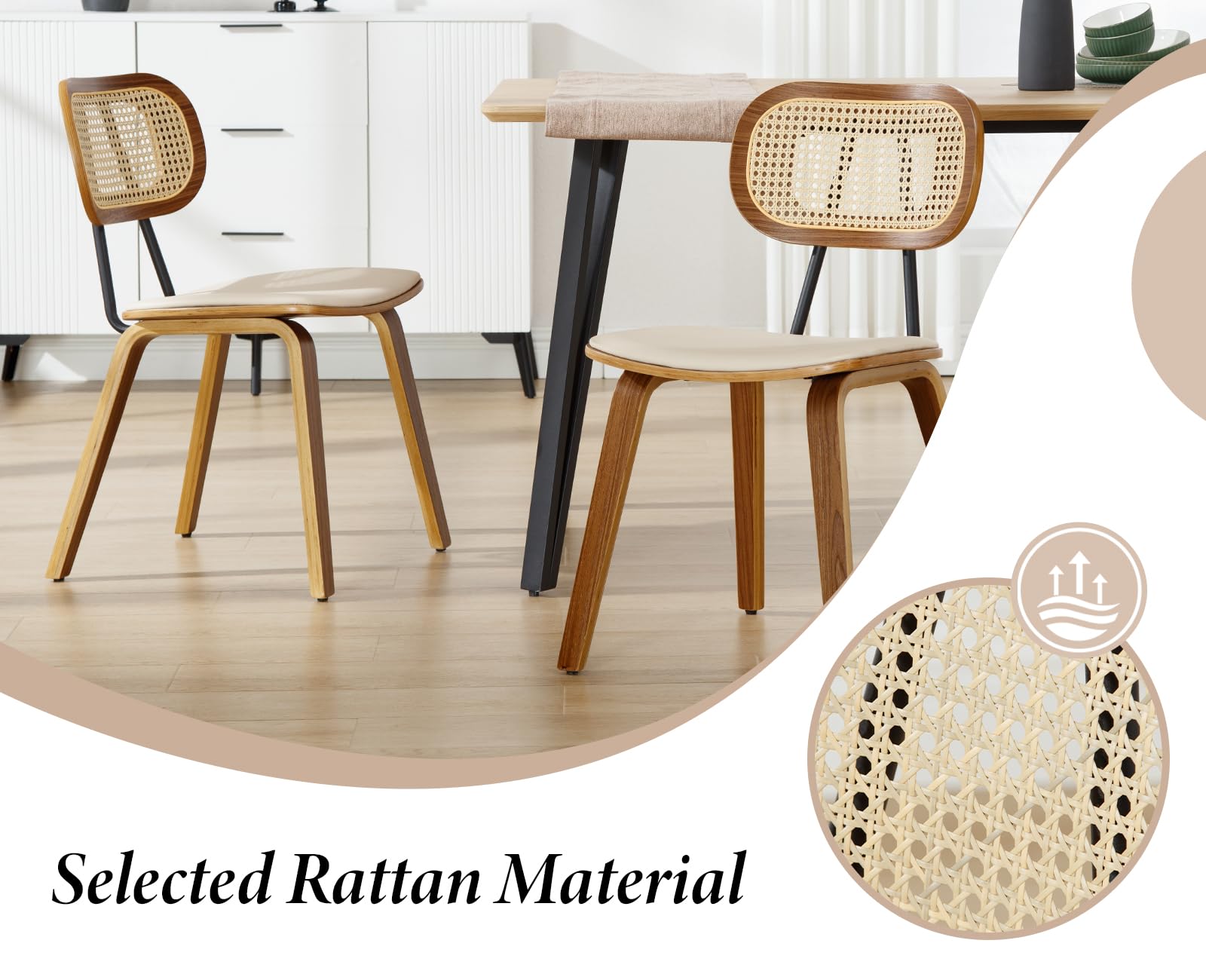 Ya-Home Set di 2 Sedie da Pranzo in Rattan Sedie da Cucina con Cuscino in Ecopelle Sedia da Salotto Imbottite con Gambe in Legno Design Retrò per Sala da Pranzo/Soggiorno