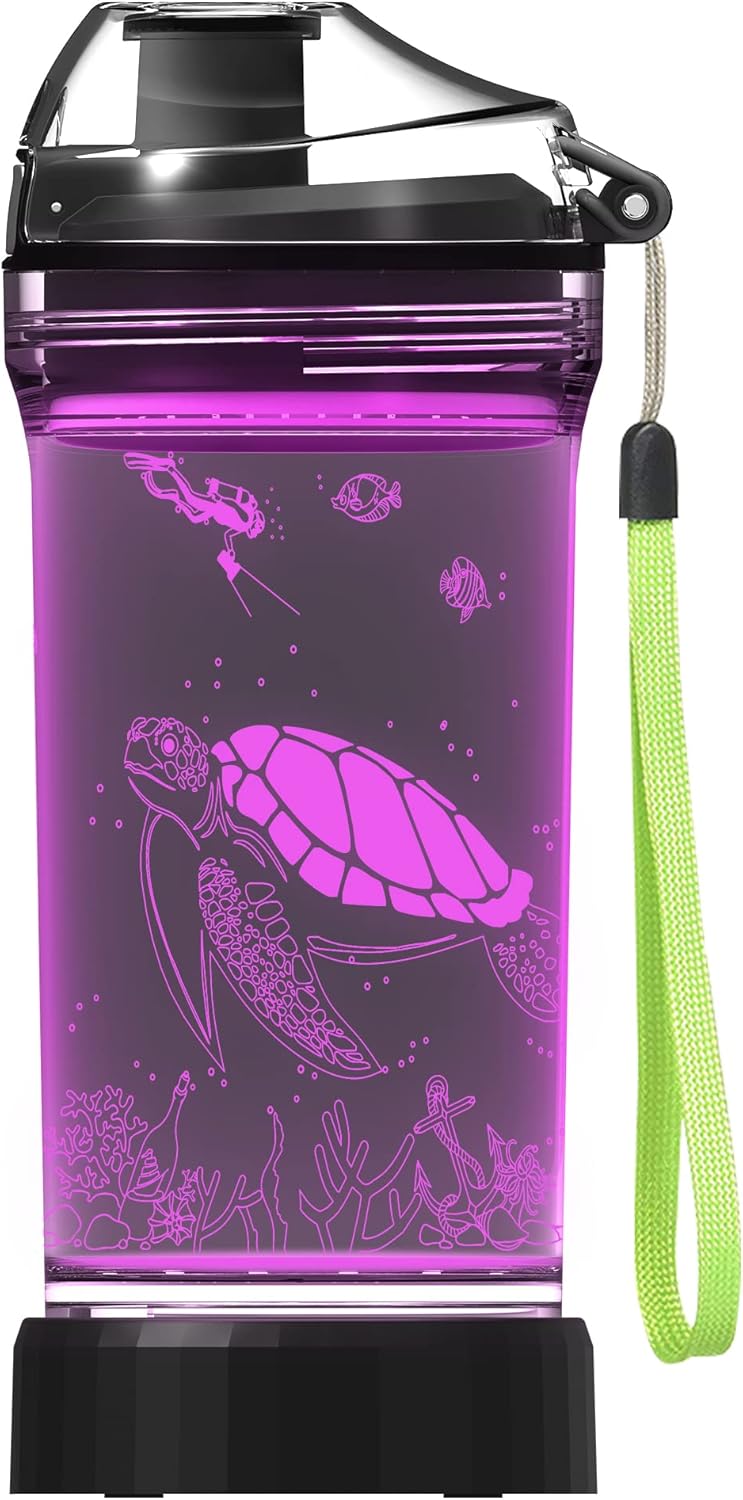 Lightzz Kids Water Bottle with 3D Glowing Turtle LED Light - Tritan BPA Free - Creative Ideal Travel Cup Ocean Gift for Back to School Girl Boy Child Holiday Camping Picnic (Sea Turtle 14 Oz)