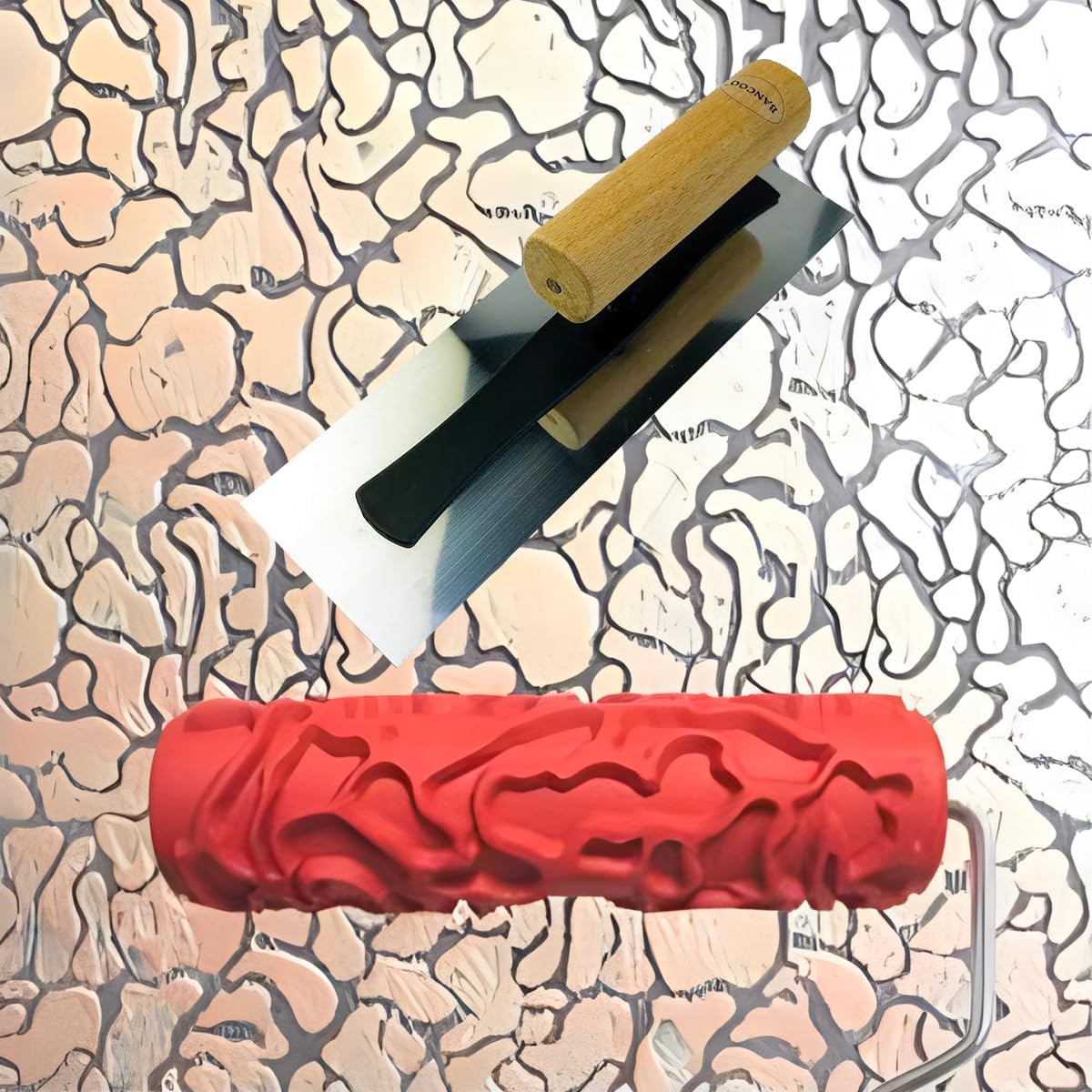 7"DIY Patterned Texture Paint Roller | Embossing Texture Rubber Roller Painting Supplies and Elastic Flat Headed Stainless Steel Polishing Trowel