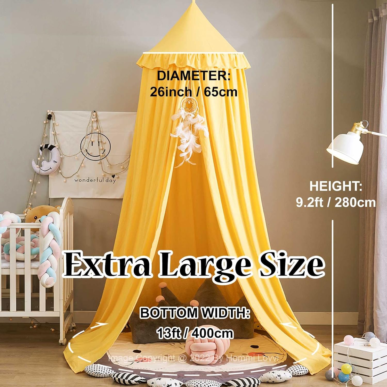 KLUFO Bed Canopy for Girls, Dreamy Frills Ceiling Hanging Princess Canopy Bedroom Decoration Soft Canopy Net Reading Nook, Extra Large Full Queen Size Bed Canopies - Yellow