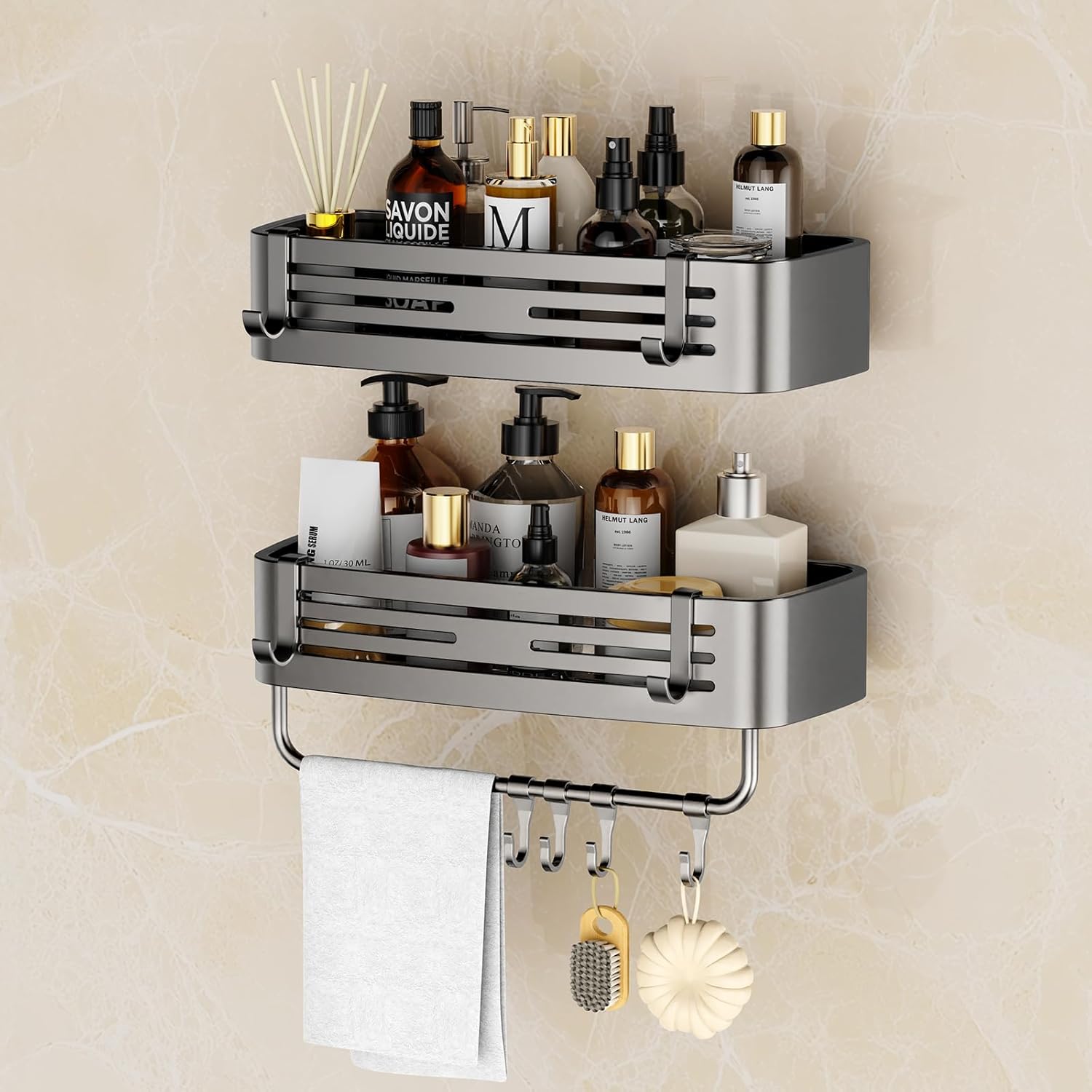 Corner Shower Caddy Suction Cup, 2 Pack Shower Shelves Corner No Drilling, Aluminum Alloy Shower Organizer Suction Cup, Removable Bathroom Storage Rack with Towel Bar & Hooks(Gray)