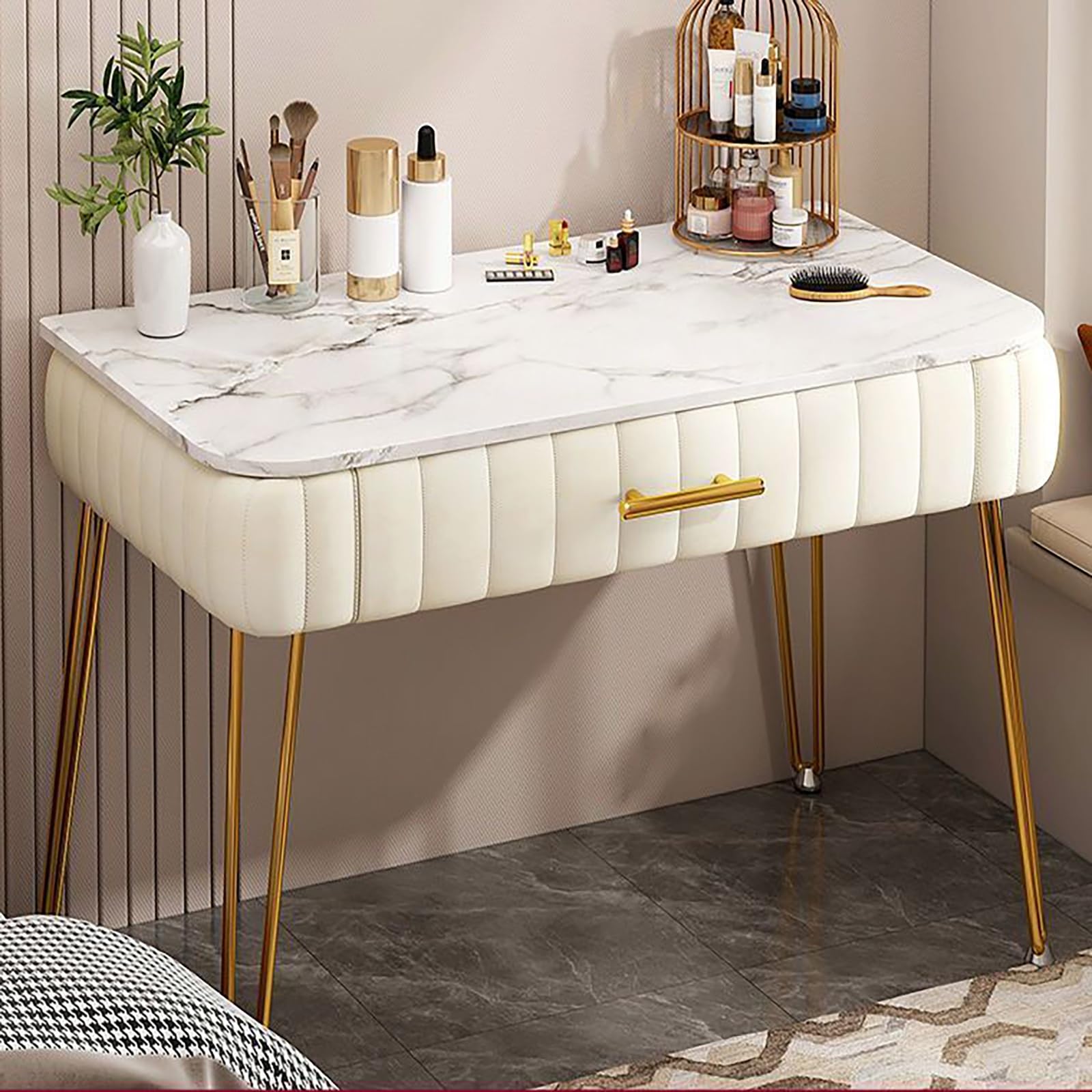 Elegante postazione per trucco compatta con contenitore, elegante tavolo da toeletta europeo con gambe in ferro per camera da letto, beige, 100 x 75 cm Coiffeuse di lusso.