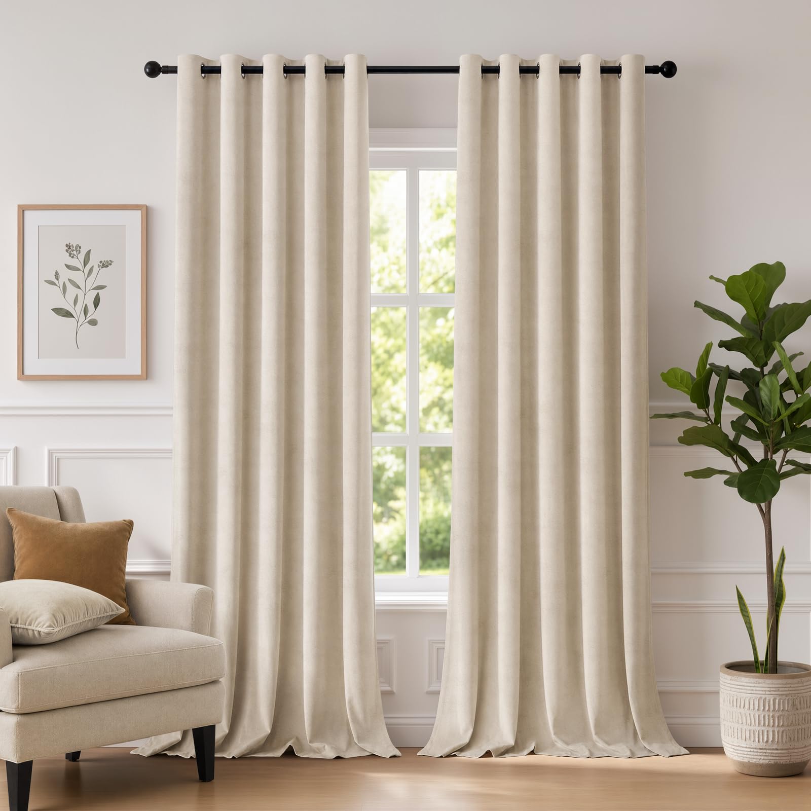 TOPICK Soft Thermal Velvet Curtains Living Room Bedroom Cream Beige W66xL90