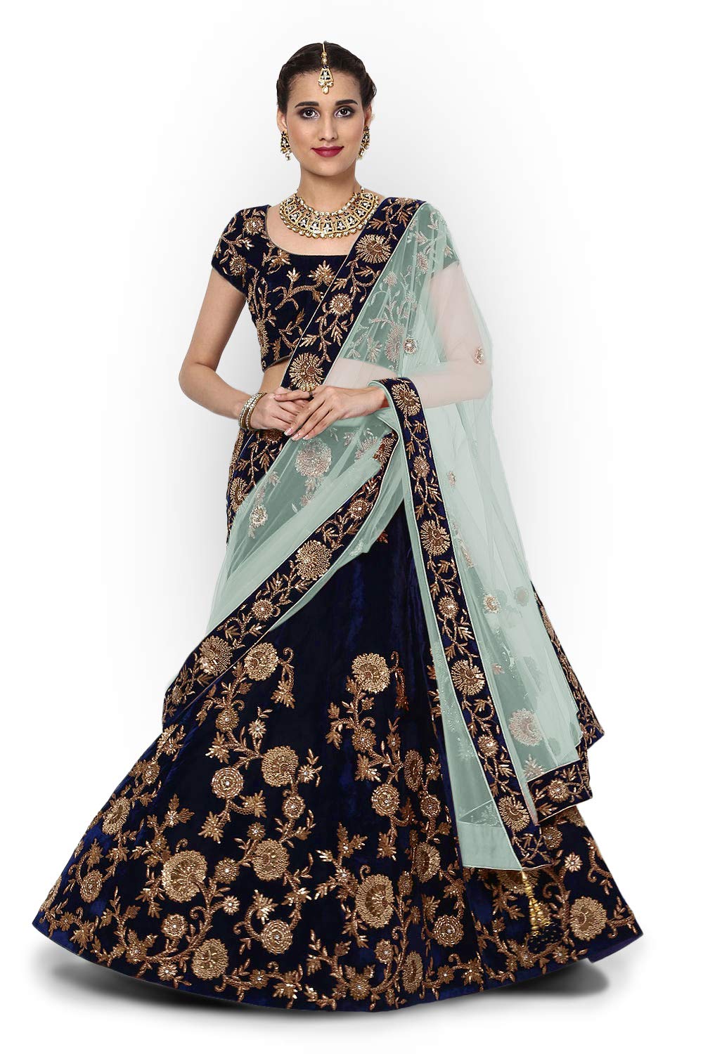 Zeel Clothing Women's Velvet Semi stitched Lehenga Choli (7012-Blue_Blue_Free Size)