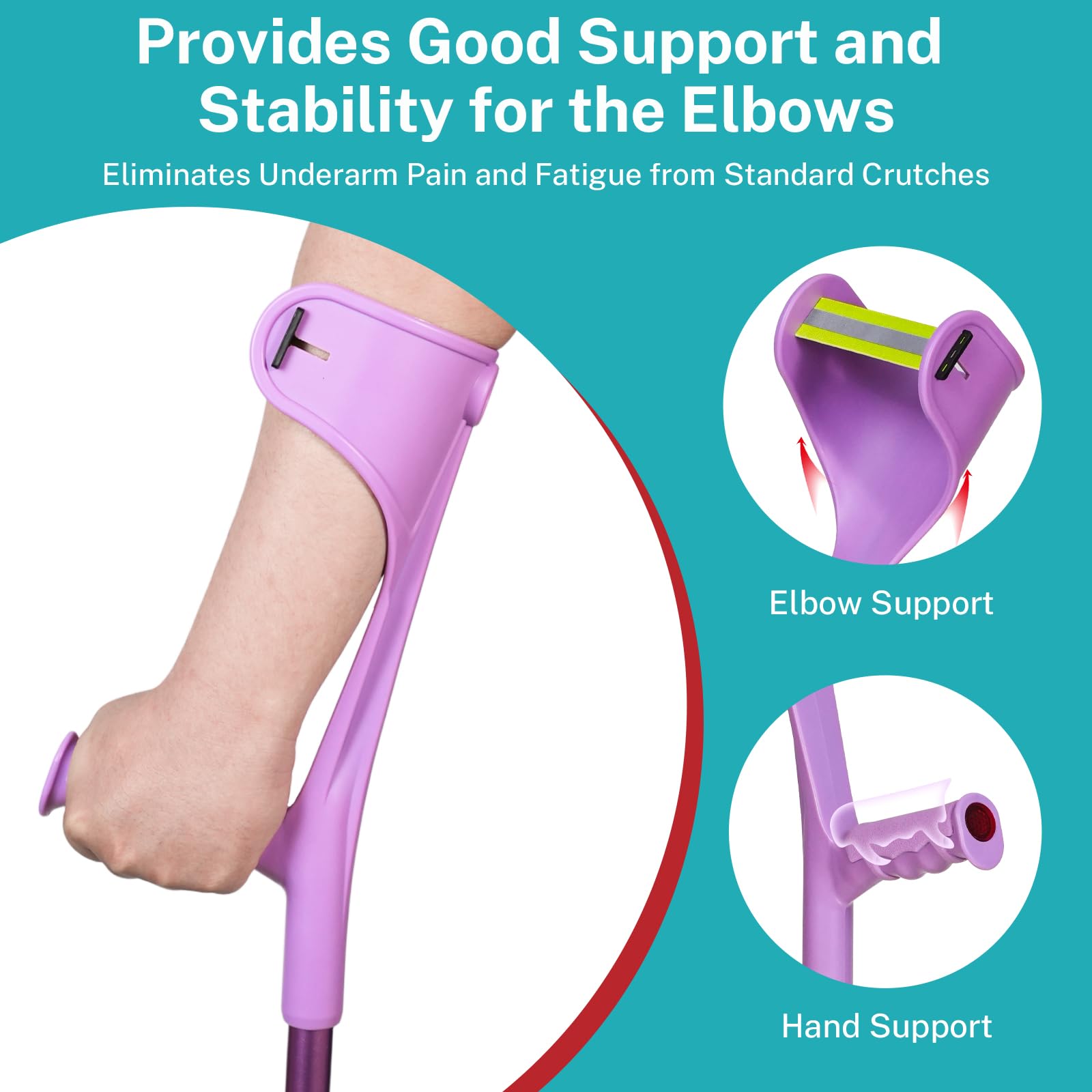 Par de muletas de antebrazo plegables para adultos, 10 niveles de altura, ligeras, de aluminio, con reflectores, cómodo mango ergonómico, color morado