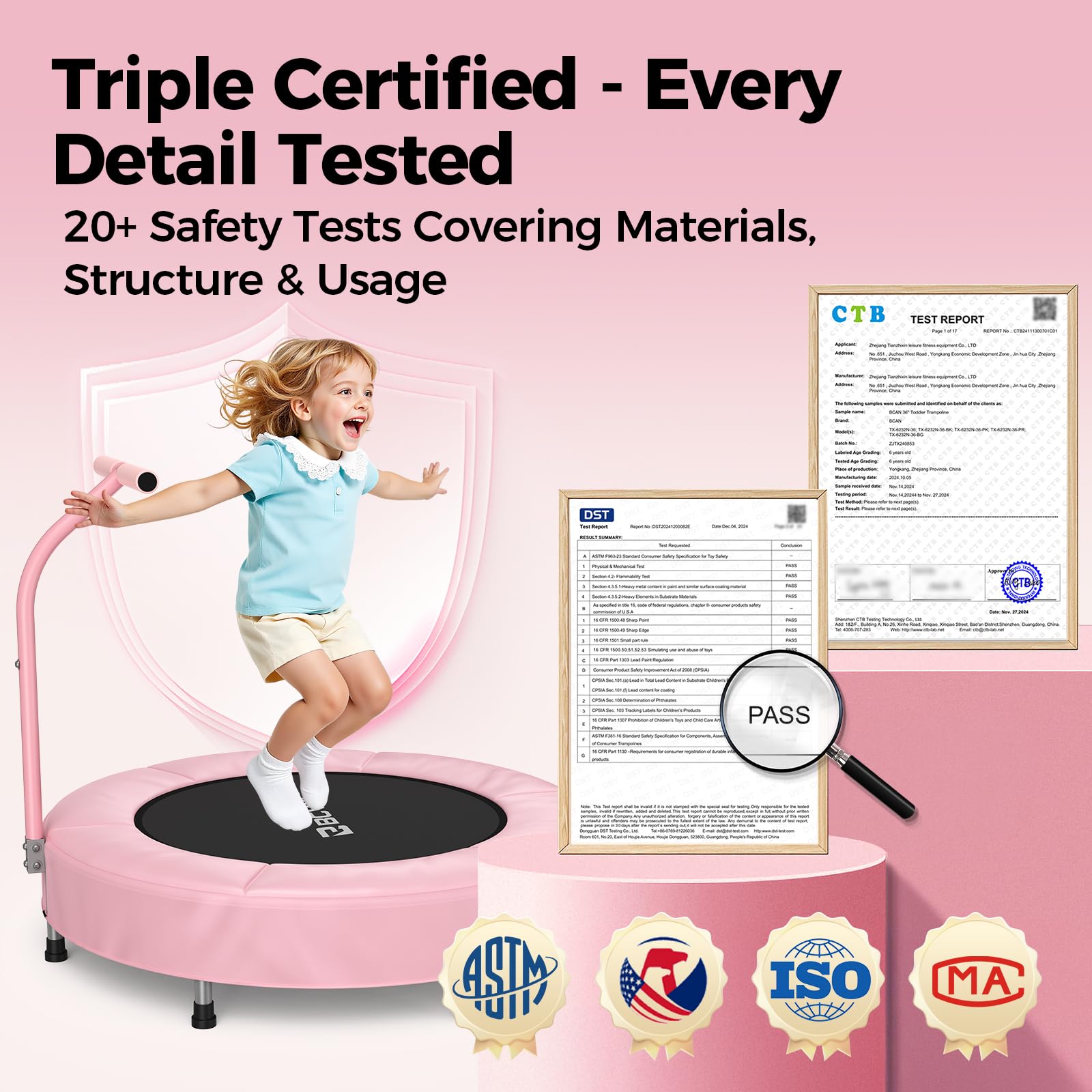 BCAN Trampolina dla małych dzieci, 91 cm, certyfikat ASTM, uchwyt piankowy i bezpieczna, pogrubiona osłona, mini trampolina dla dzieci w pomieszczeniach, łatwy montaż