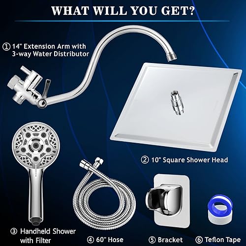 Miniatura 7 de Voolan Cabezal de ducha de lluvia de alta presión con combo de mano, cabezal de ducha cuadrado de 10 pulgadas con brazo de extensión de ducha