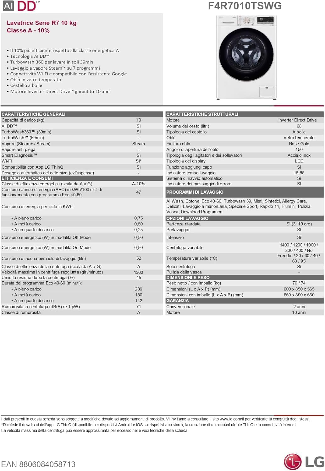 LG AI DD F4R7010TSWG Lavatrice 10 kg Classe A -10%, 1400 Giri, Carica Frontale con Oblò in Vetro Temperato, Funzione TurboWash 360, Vapore su 7 Programmi, Wi-Fi, Libera installazione, Serie R7, Bianca