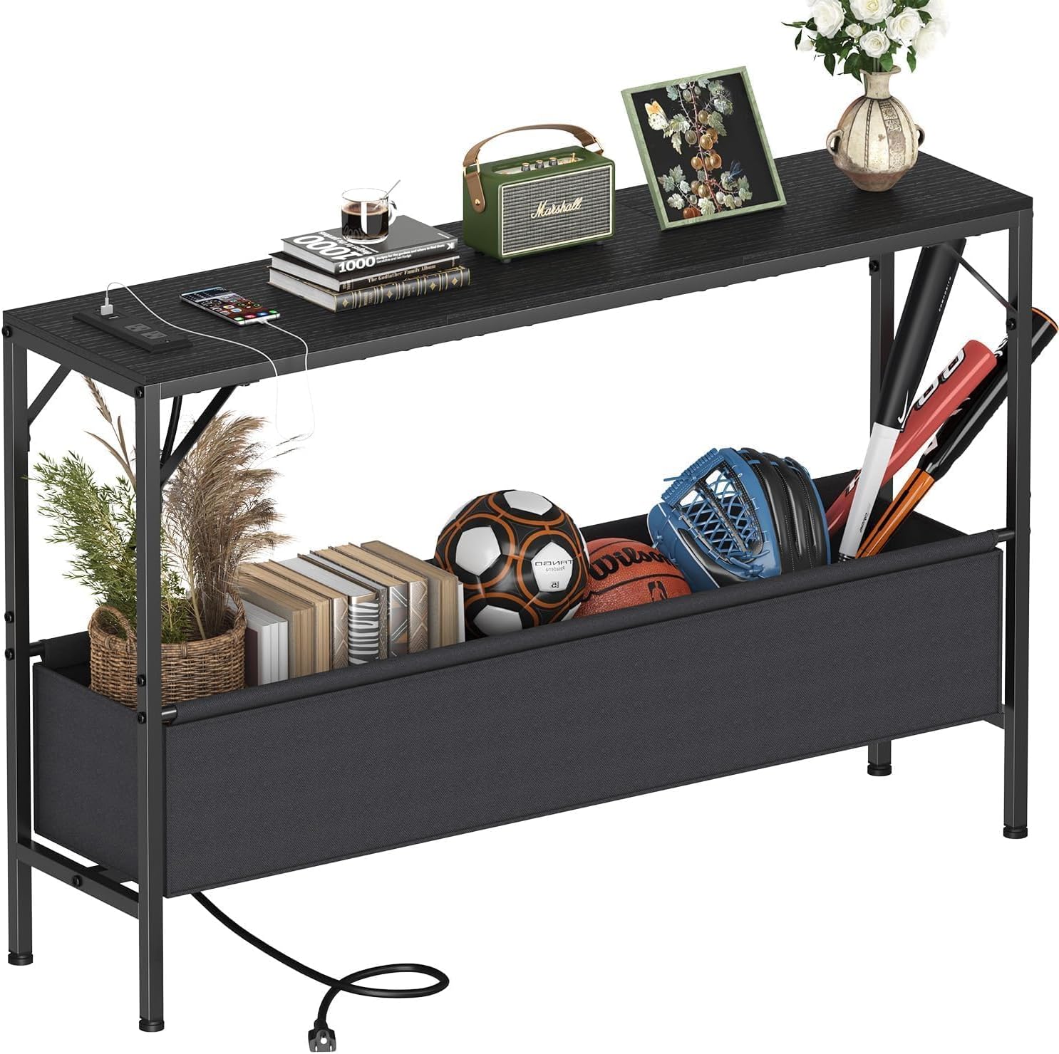 Asgolion Narrow Console Table, 47.2" Long Entryway Table with Storage & Power Outlets, Hallway Table, Mordern IndustrialSofa Tables for Living Room, Bedroom, Foyer, Office, Anti-tip Kit, Black
