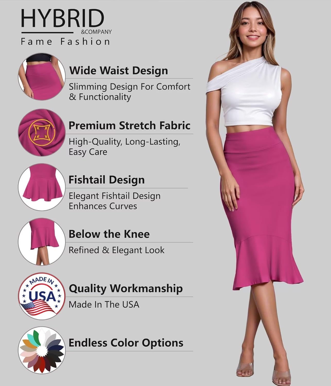 HyBrid & Company Womens Premium Nylon Ponte Stretch Office Fishtail Pencil Skirt High Waist Made in The USA Below Knee - Image 4