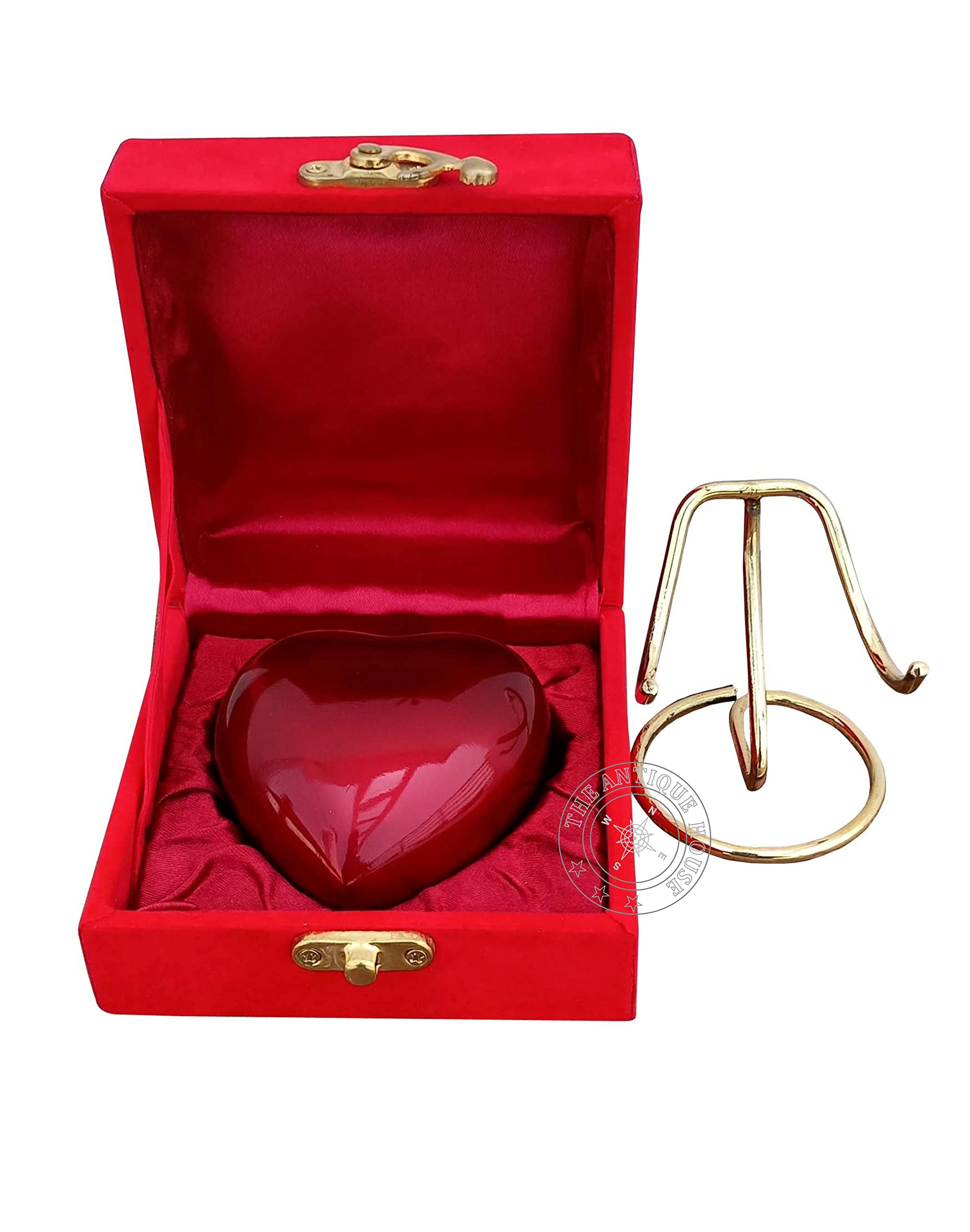 Urna de cremación para cenizas, urna de corazón rojo con caja roja y soporte de latón, mini urna conmemorativa para mascotas para tu ser querido