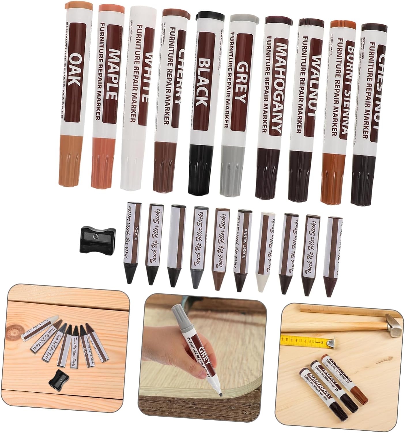 Didiseaon 21 Pcs Wood Finish Stain Markers Wax Crayons with Sharpener for Easy Scratch Repair Furniture Cabinets and Floors Quick Drying Compatibility