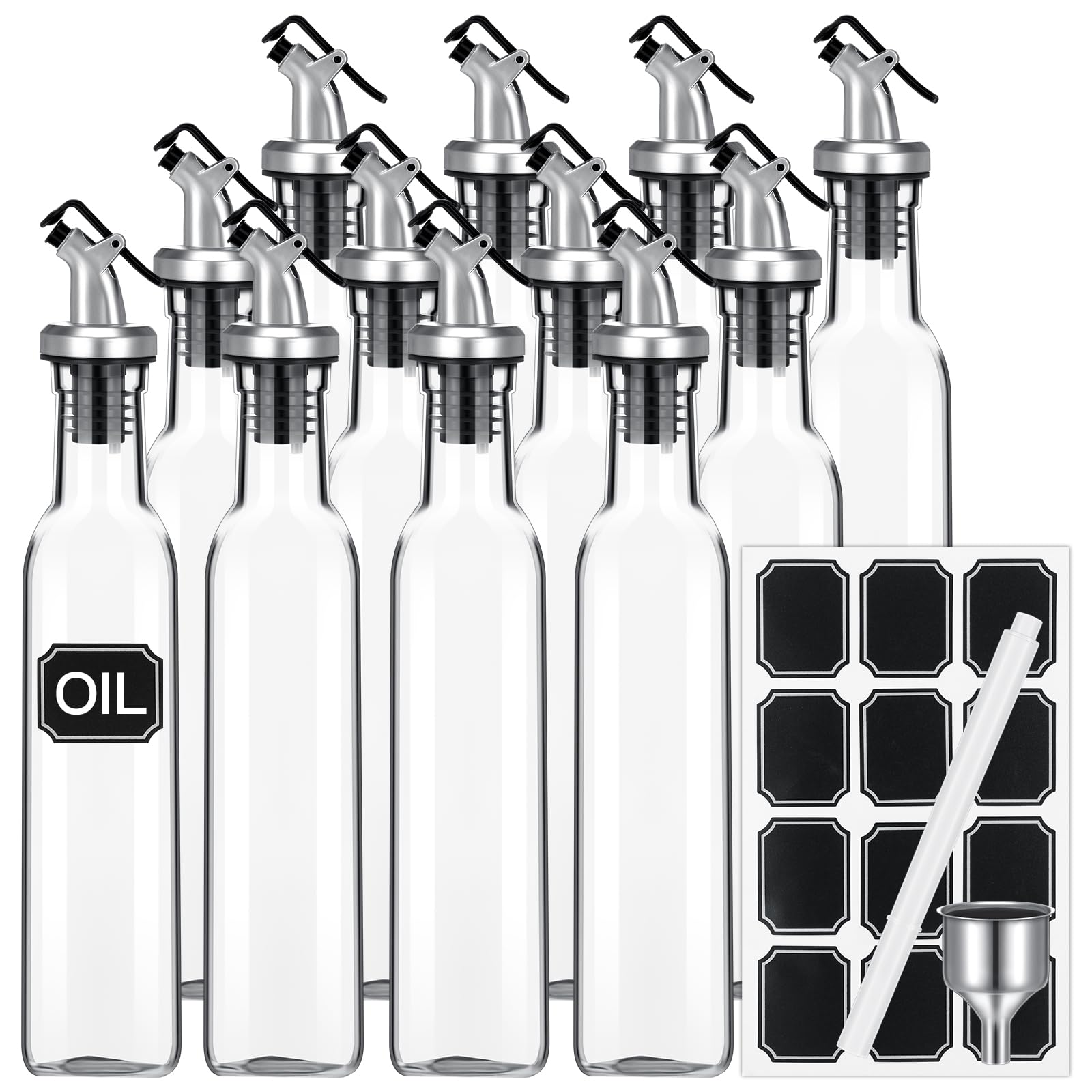 Hushee El juego de 15 botellas dispensadoras de aceite de oliva de vidrio transparente incluye 12 botellas de vidrio de 8 onzas con boquilla, recipiente de vinagre de aceite, vinagre para cocina con