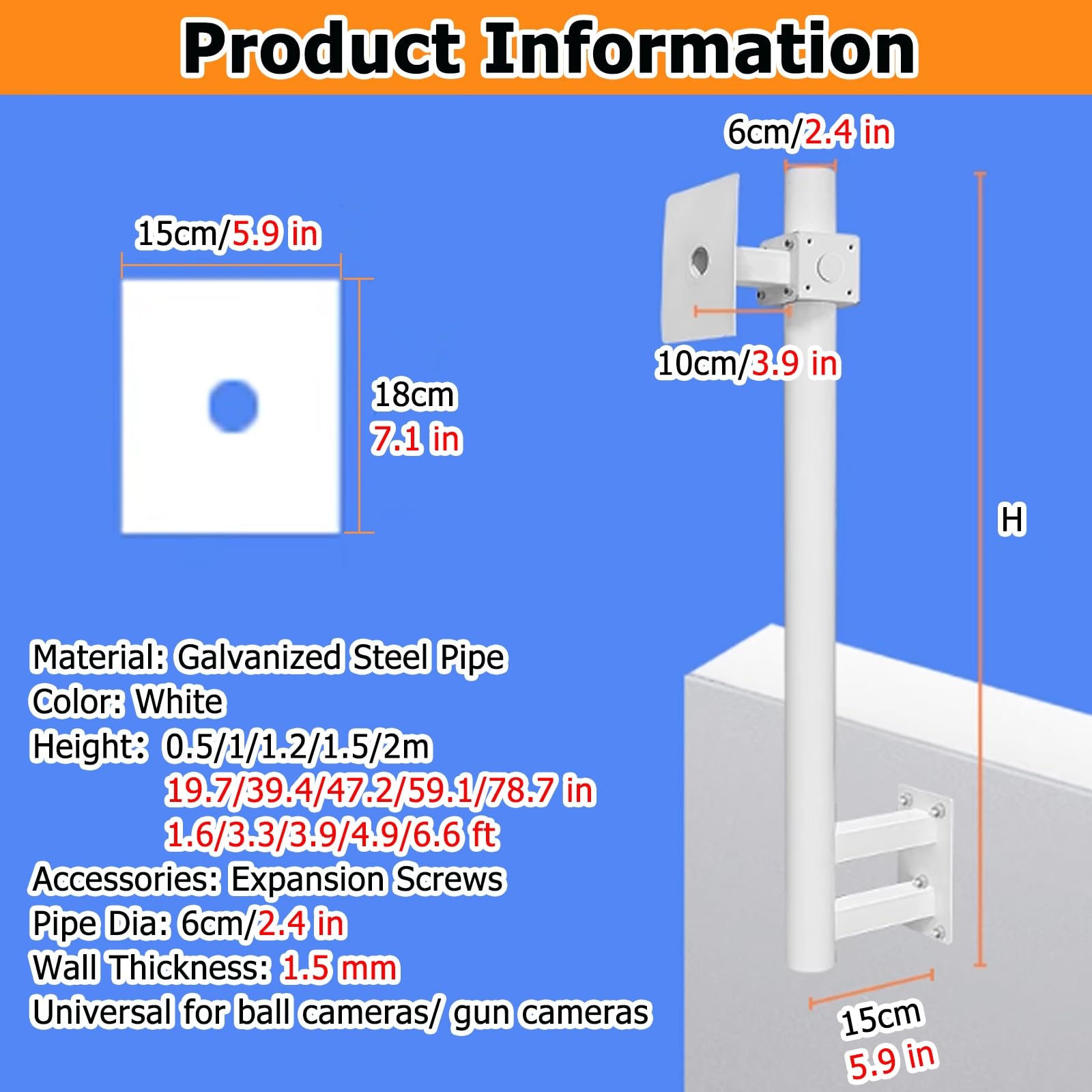 Poste para cámara, Poste de Pared Resistente de 2 Metros (6,6 pies) para CCTV, Soporte para cámara de Seguridad Exterior Resistente a la Intemperie, Soporte de vigilancia Comercial de fácil