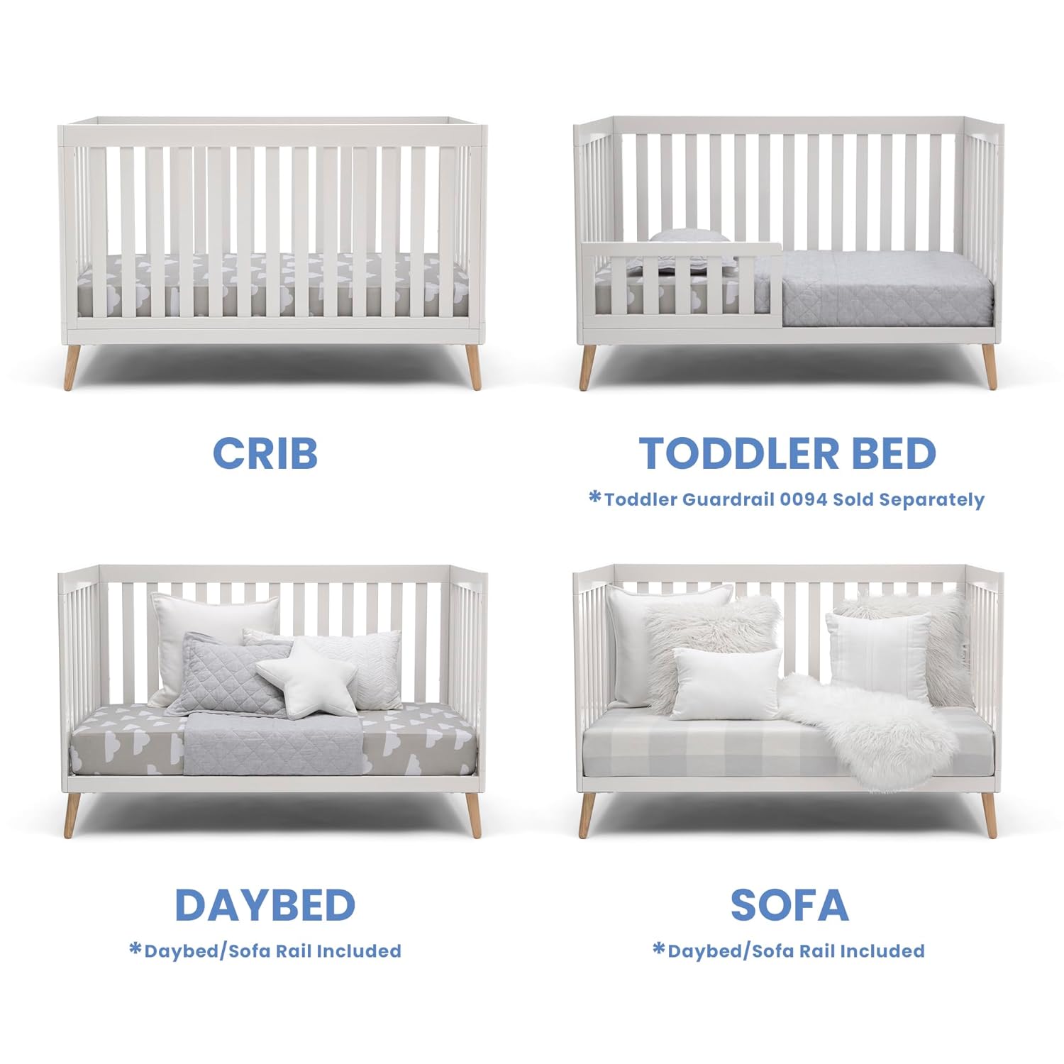 Delta Children Essex 4-in-1 Convertible Baby Crib, Bianca White with Natural Legs - Image 4