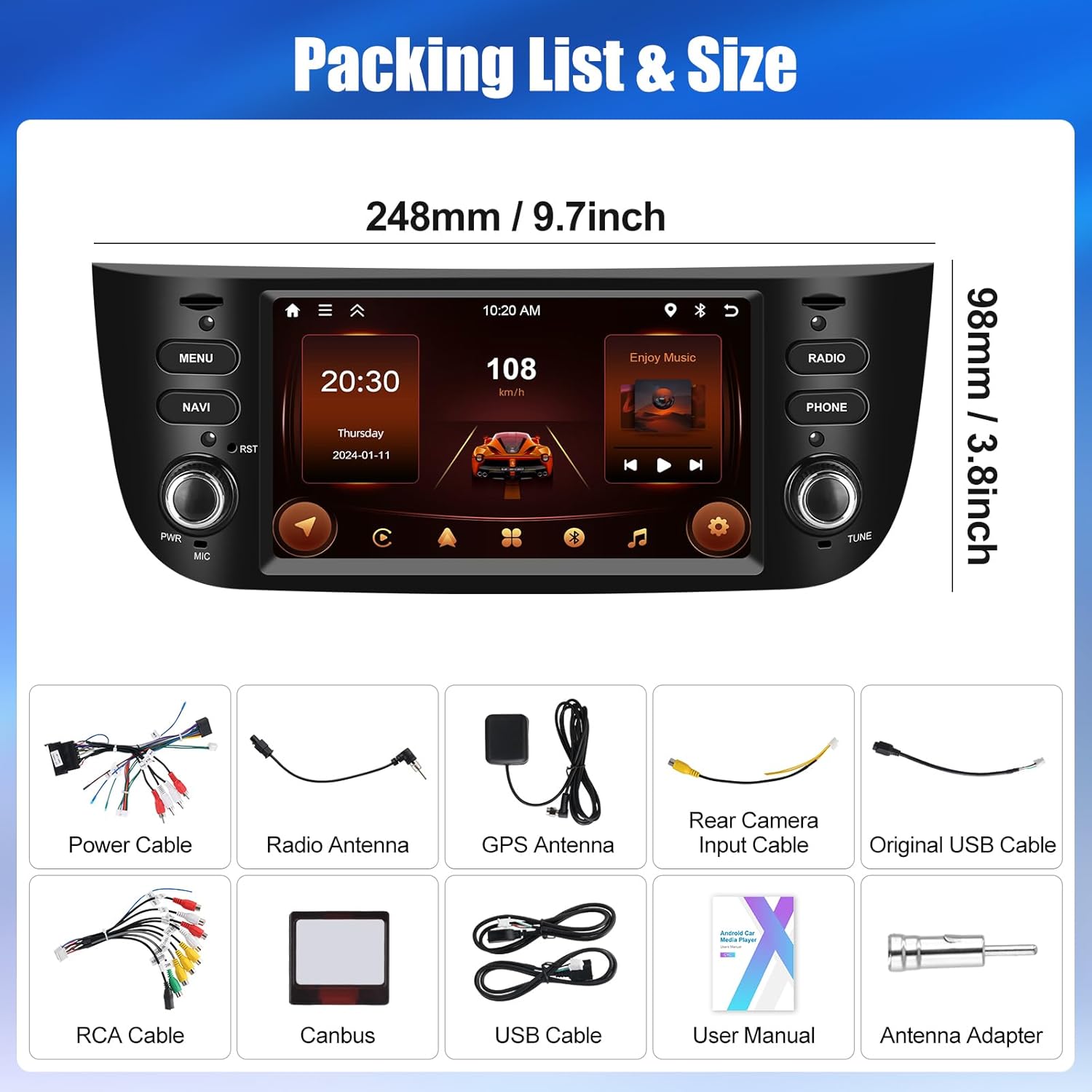 Diagram showing the SIXWIN Android 13 Autoradio head unit and all included accessories: power cable, radio antenna, GPS antenna, rear camera input cable, original USB cable, RCA cable, Canbus, USB cable, user manual, and antenna adapter.