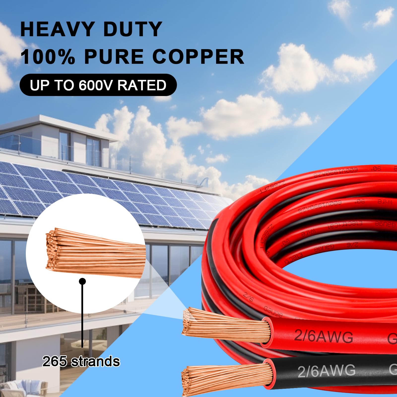 Cable de calibre 6 de 10 pies, alambre de cobre puro de 6/2 AWG, 2 conductores rojo y negro, cable trenzado de bajo voltaje para panel solar, automoción, audio automático, iluminación LED (6 AWG 10