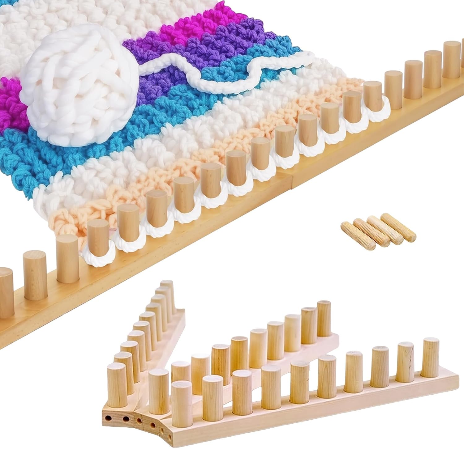 Wooden Knitting Loom for Chunky Blankets, 46 Inches, 3 Sections, Adjustable Size, Beginner Friendly