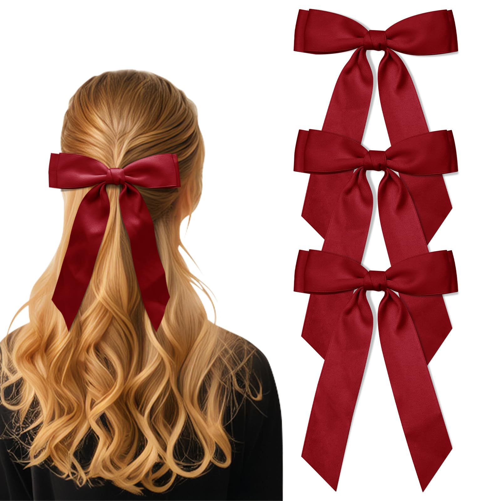 3Pcs Dull Red Hair Bows for Women Double-Layer Long Tail Bow Hair Clip Hair Ribbon Ponytail Holder Hair Accessories for Girls Toddlers