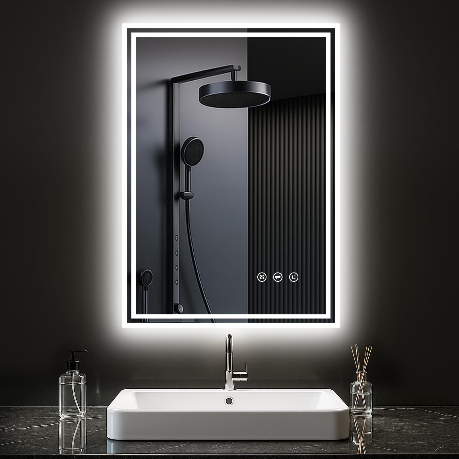 PESENXAN Badspiegel mit Beleuchtung 50x70cm, Spiegel Bad mit Beleuchtung 3 Lichtfarben, Dimmbar, Anti-Beschlag, Bad Spiegel mit Licht, Touch/Wandschalter, Horizontale/Vertikale Montage