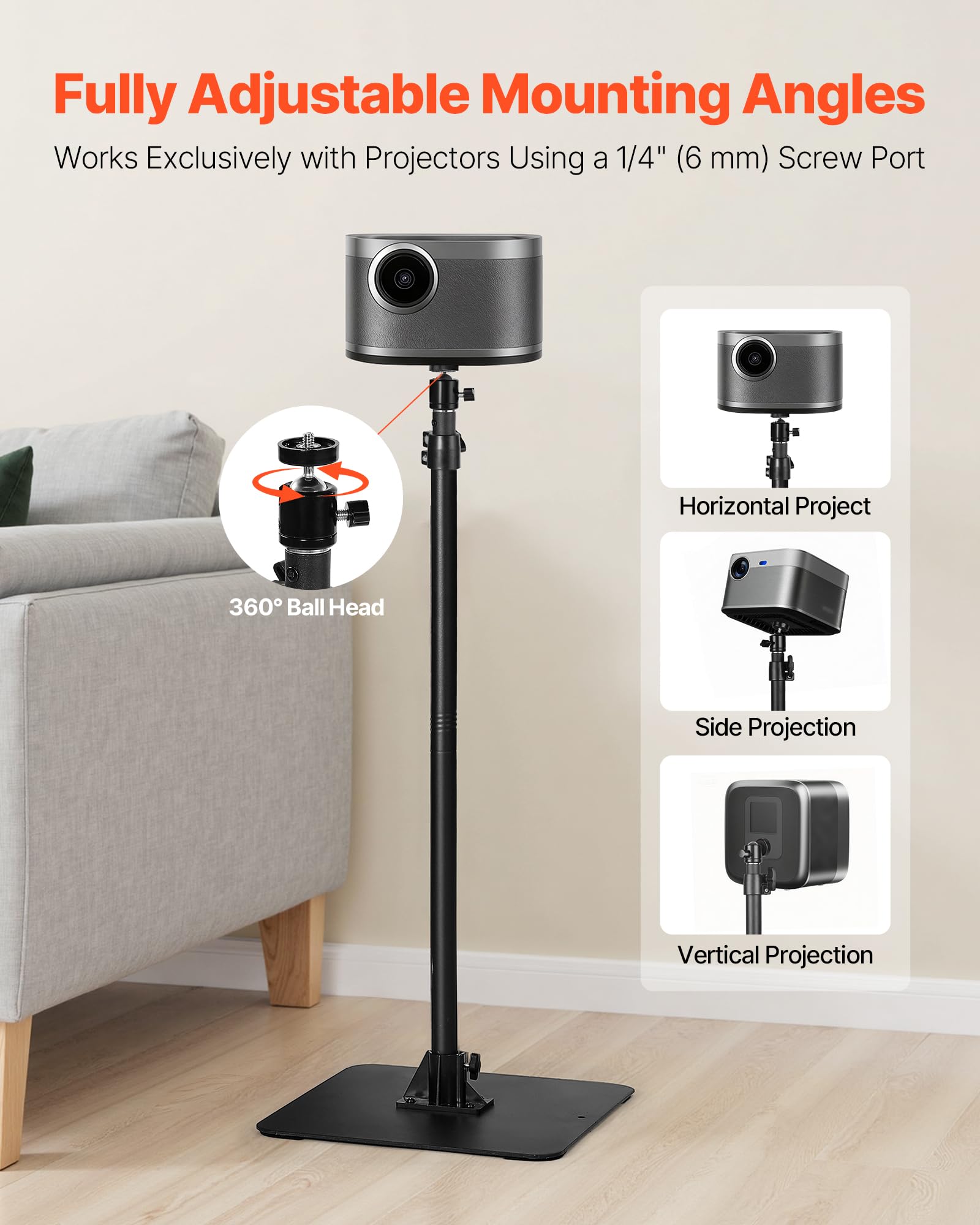 VEVOR Supporto per Proiettore Mobile da Terra da 30 x 40 x 157 cm, Altezza Regolabile da 72 a 157 cm, Supporto da Pavimento Girevole a 360° per Proiettori, Multifunzionale per Film all'Aperto