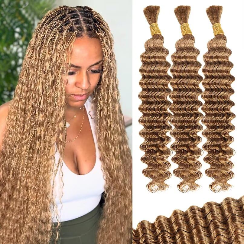12A #27 Honey Blonde Human Braiding Hair for Boho Braids 3 Bundles 22 Inch 100g Deep Wave Braiding Hair for Bohemian Knotless Braids 100% Unprocessed Virgin Bulk Hair Extensions No Weft