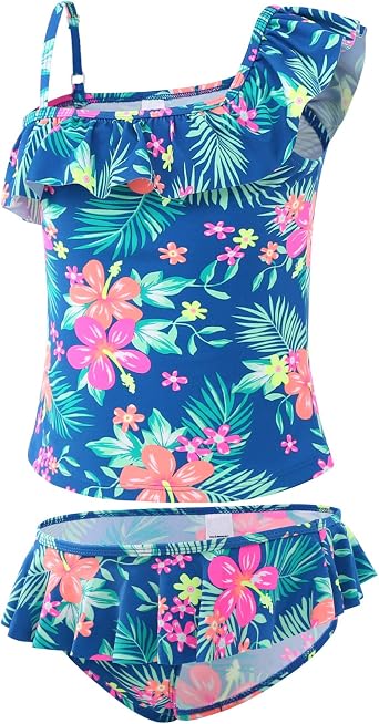 Girls Two Piece Swimsuits Hawaiian Ruffle Tankini Swimwear Bathing Suit Set