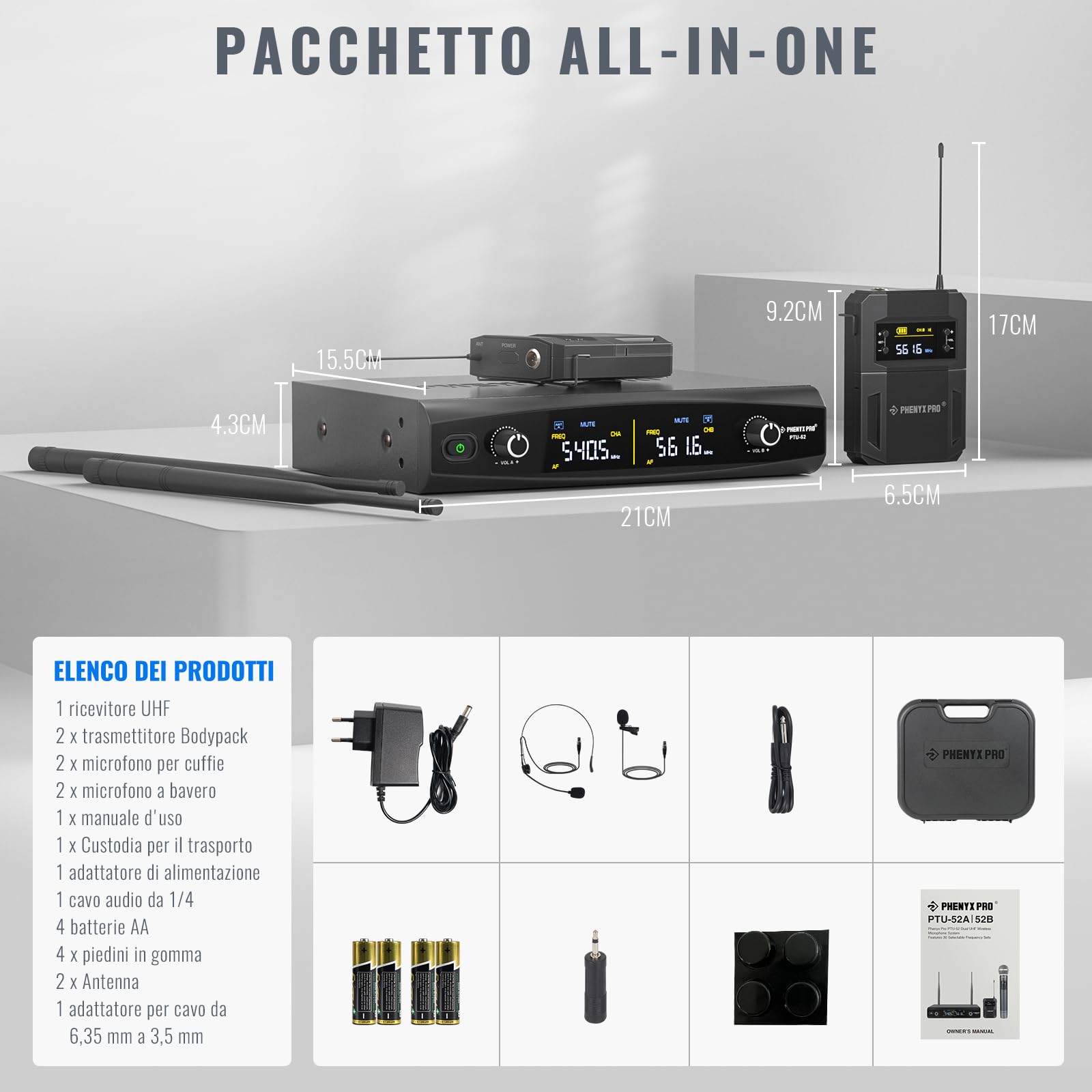 Phenyx Pro Sistema Microfono Wireless UHF a 2 canali PTU-52-2B | Auto Pair, 2 bodypack, microfoni headset/lavalier, 2 × 30 frequenze, portata 200 ft, vivavoce, chiesa