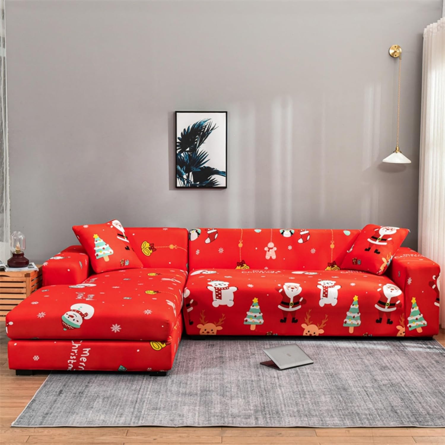 Christmas Couch Cover for L-Shape Sectional Sofa Cover, 2/3/4 Seater Christmas Sofa Slipcover Washable Furniture Protector Holiday Decor (D,1Seat/35~55'')