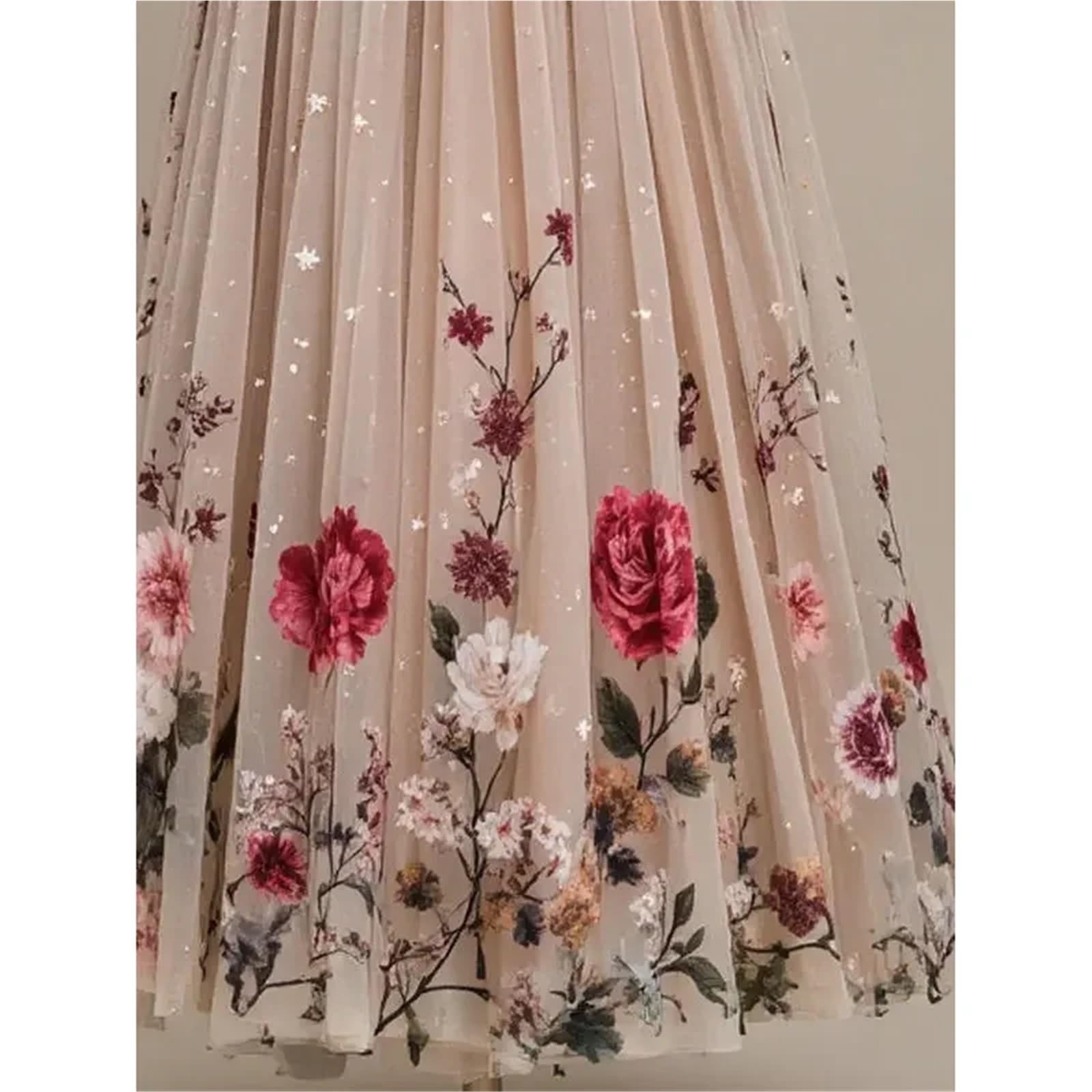 Gonna Ampia da Donna in Rete con Stampa Floreale, a Trapezio, a Vita Alta, di Media Lunghezza per Donna