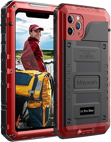 Miniatura 24 de Mitywah Funda impermeable para iPhone 11, resistente y duradera, de metal, protección de pantalla integrada, impermeable, a prueba de golpes, a Negro